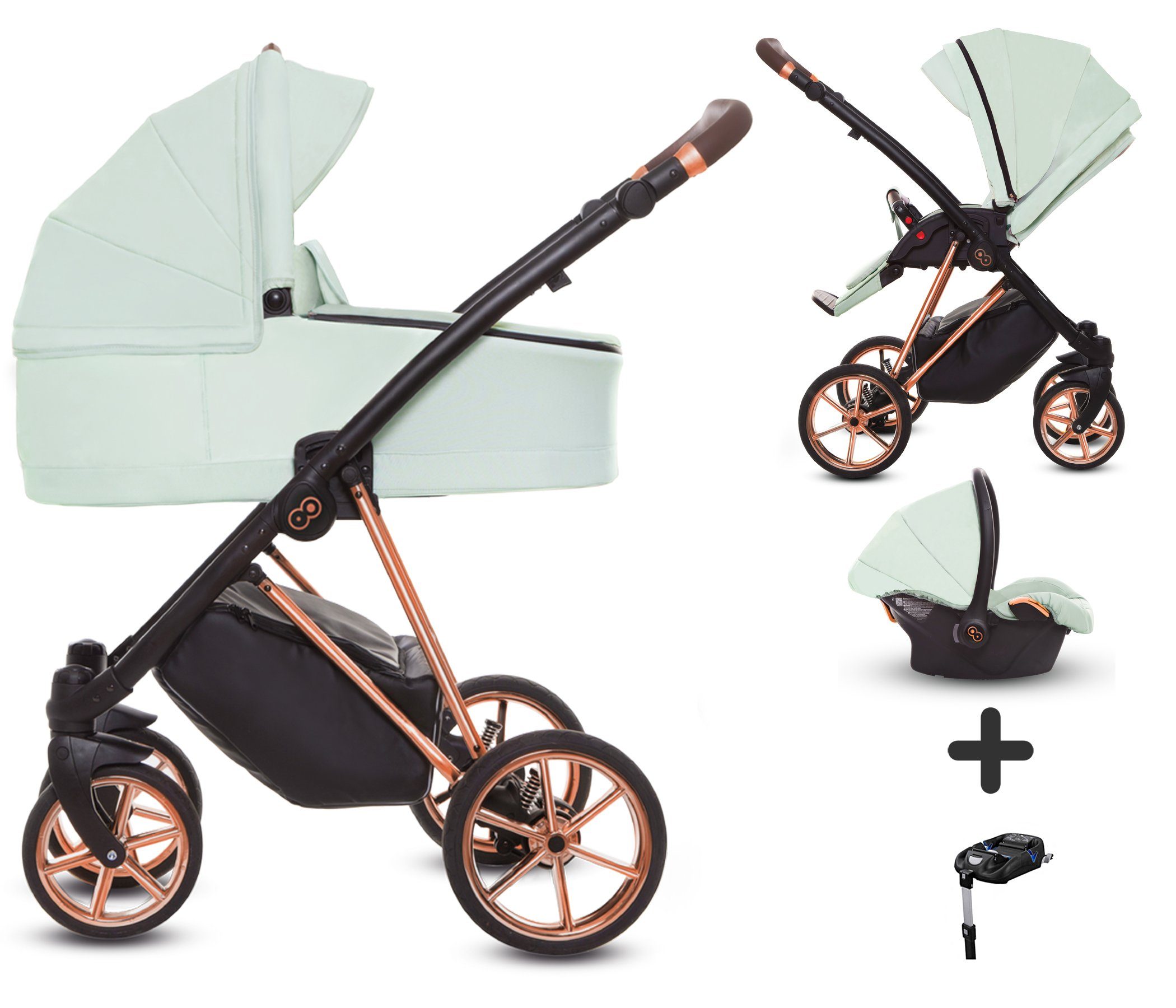 TPFLiving Kombi-Kinderwagen 4 in 1 Musse Ultra, Baby Buggy Babywanne Autositz Isofix, großes Zubehör-Set Kinderwagen 4 in 1 Stoff Mint, Gestell Rosé Gold Mint | Gestell Roségold