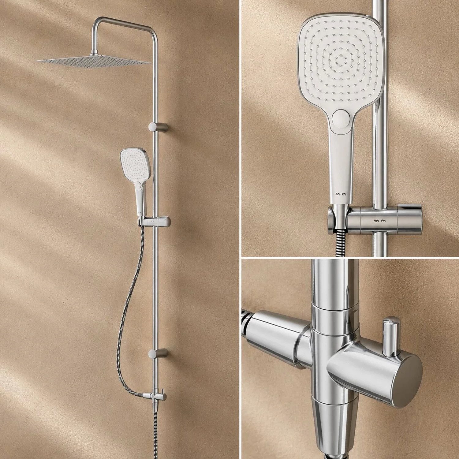 AM.PM Duschsystem PLAY mit Regendusche Teleskopische Duschstange Dusche Brause, Höhe 1200 cm, 3 Strahlart(en), Dusch-Komplett-Set Duschset Brauseset Chrom / Silber, Kopfbrause & Handbrause mit Antikalk-Duschkopf, Dusch-Komplett-Set Duschset, Air-In Technologie, 30 cm Kopfdusche
