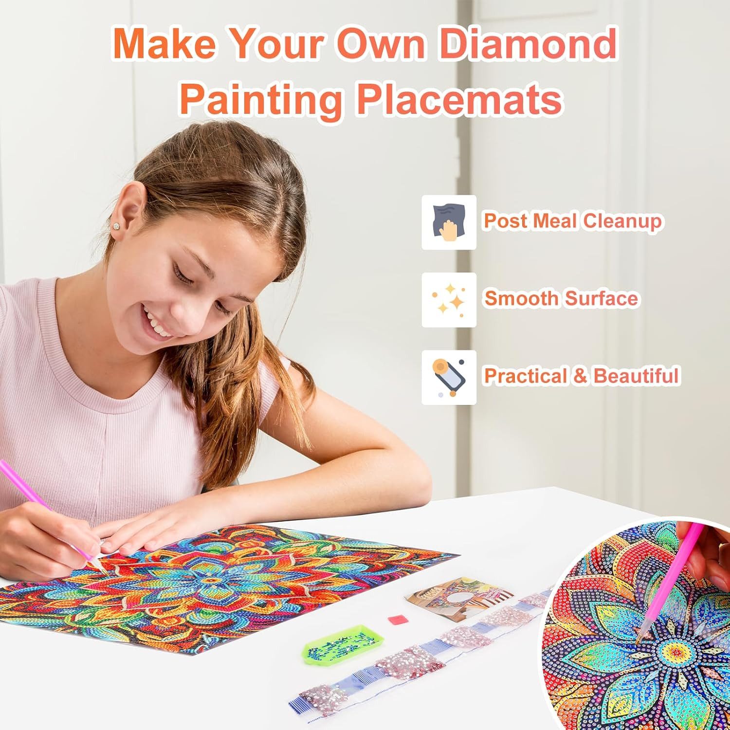 LA CUTE Malen nach Zahlen Mandala Diamantmalerei Tischset für kreative Kinderprojekte. (Bastelset für Kinder mit vollständigem Zubehör für Diamantmalerei-Projekte., Kreatives DIY Diamant-Malset Mandala-Mustern dekorative Tischsets), Mandala-Design Tischsets mit Diamantmalerei kreative Kinderprojekte.
