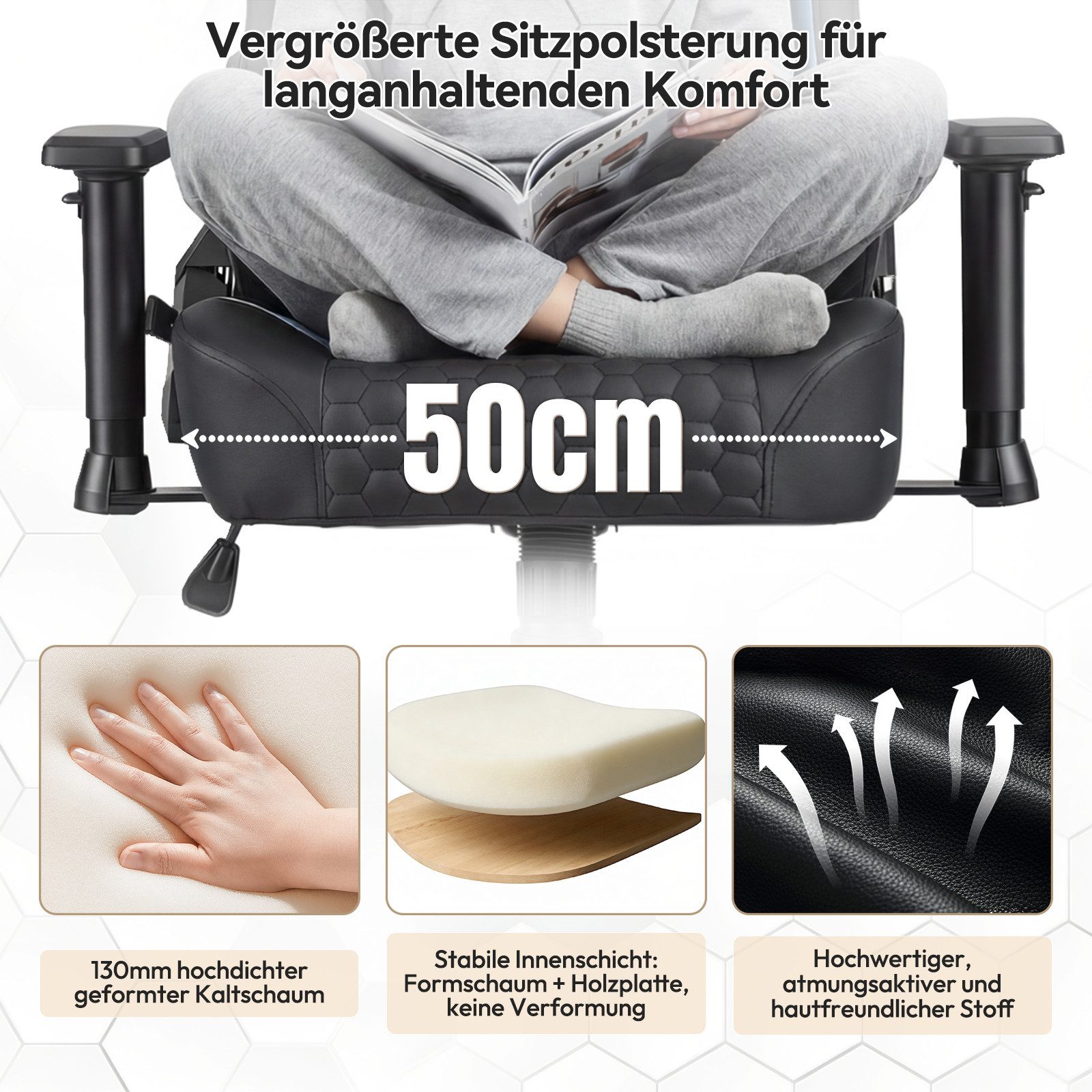 HOMALL Gaming-Stuhl gaming stuhl,mit verstellbarer Lendenstütze 6°-35°, 2D-Armlehnen,Rückenlehne 90°-135° verstellbar,150kg Belastbarkeit – Bild 4 von 5