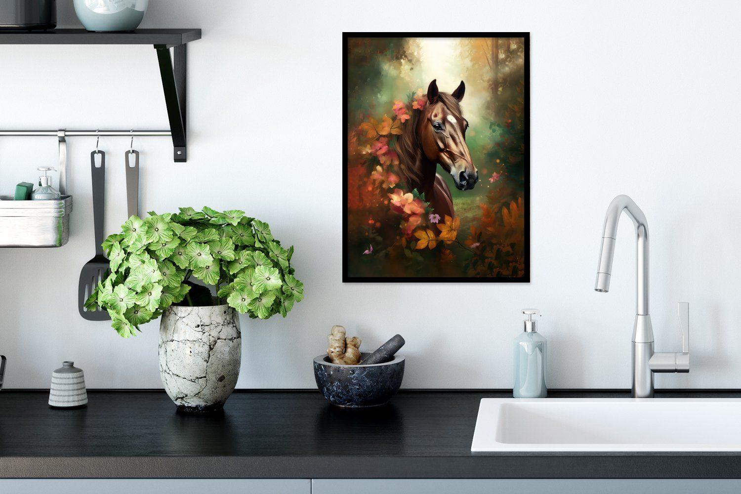 MuchoWow Poster Pferd Wald St), Poster, - Natur - mit Orange, - Gerahmtes Kunstdruck, - Schwarzem - Bilderrahmen Rahmen, Tiere (1 Blumen