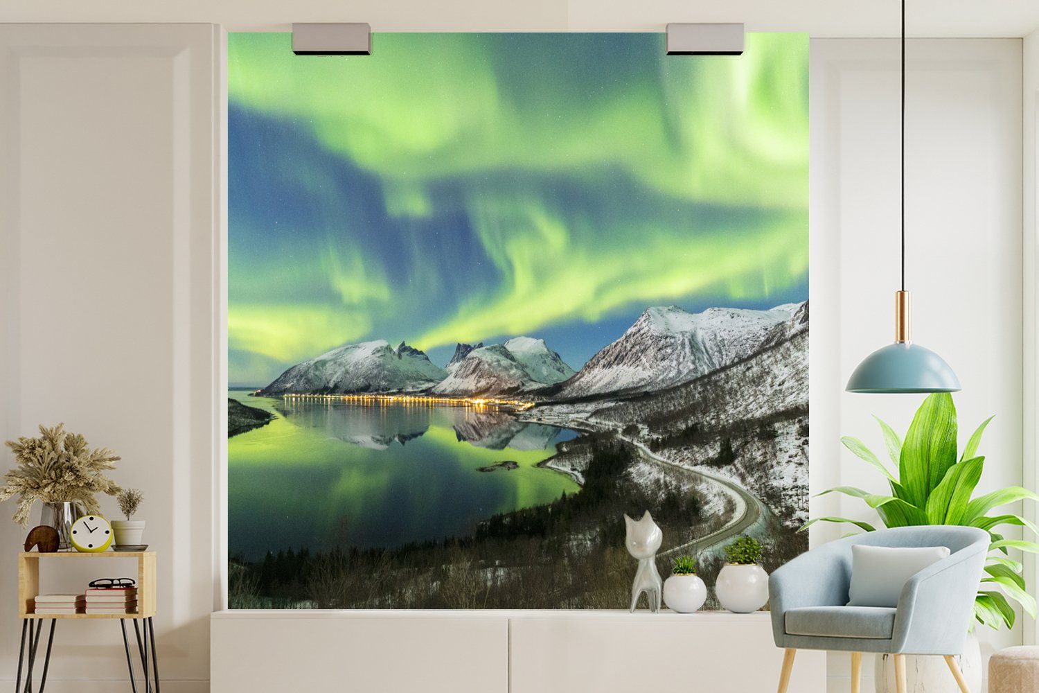 MuchoWow - Fjord Küche, Fototapete - (4 Matt, Vliestapete bedruckt, Schlafzimmer Norwegen, für St), Nordlichter Wohnzimmer Fototapete