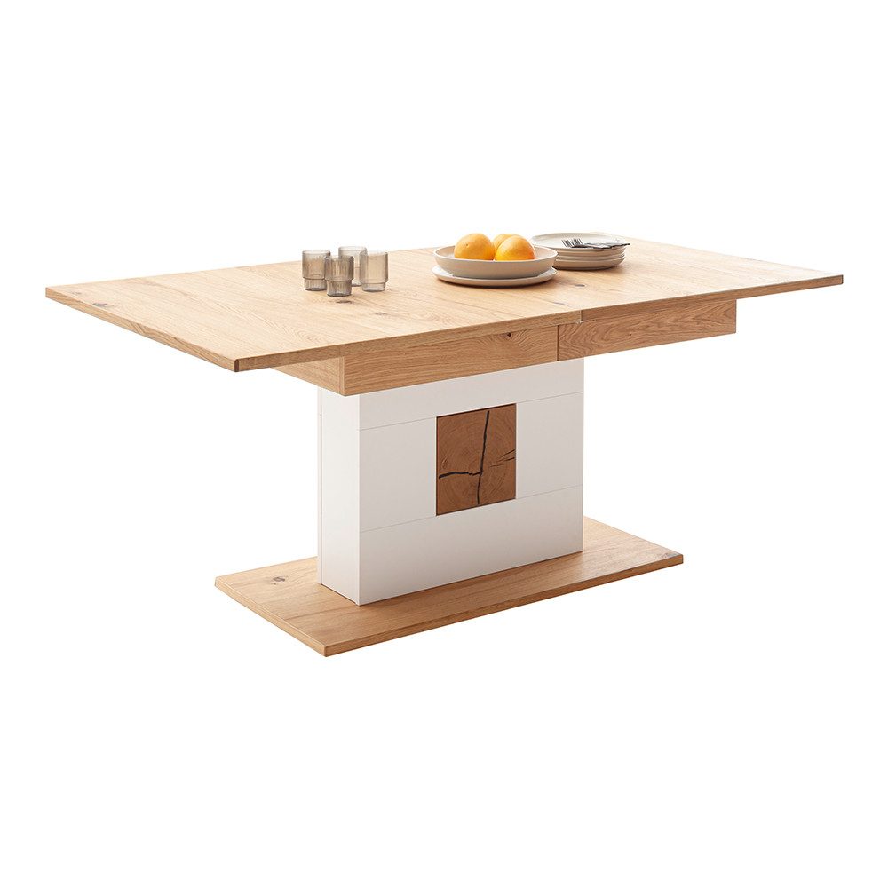 Lomadox Esstisch MULLINGAR-05, Ausziehtisch 180-230cm, weiß mit Eiche, Hirnholz-Details