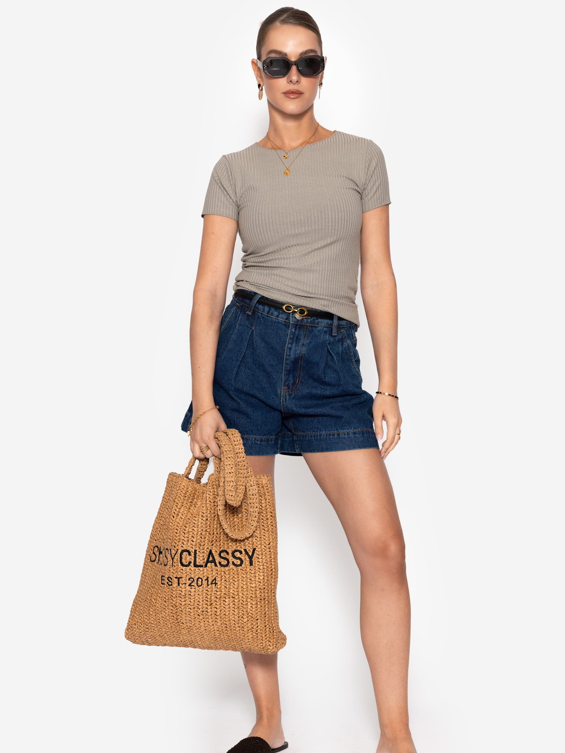 SASSYCLASSY Shorts Weite High Waist Jeans Shorts für Damen Robuste Jeansshorts aus Denim mit Gürtelschlaufen und Taschen
