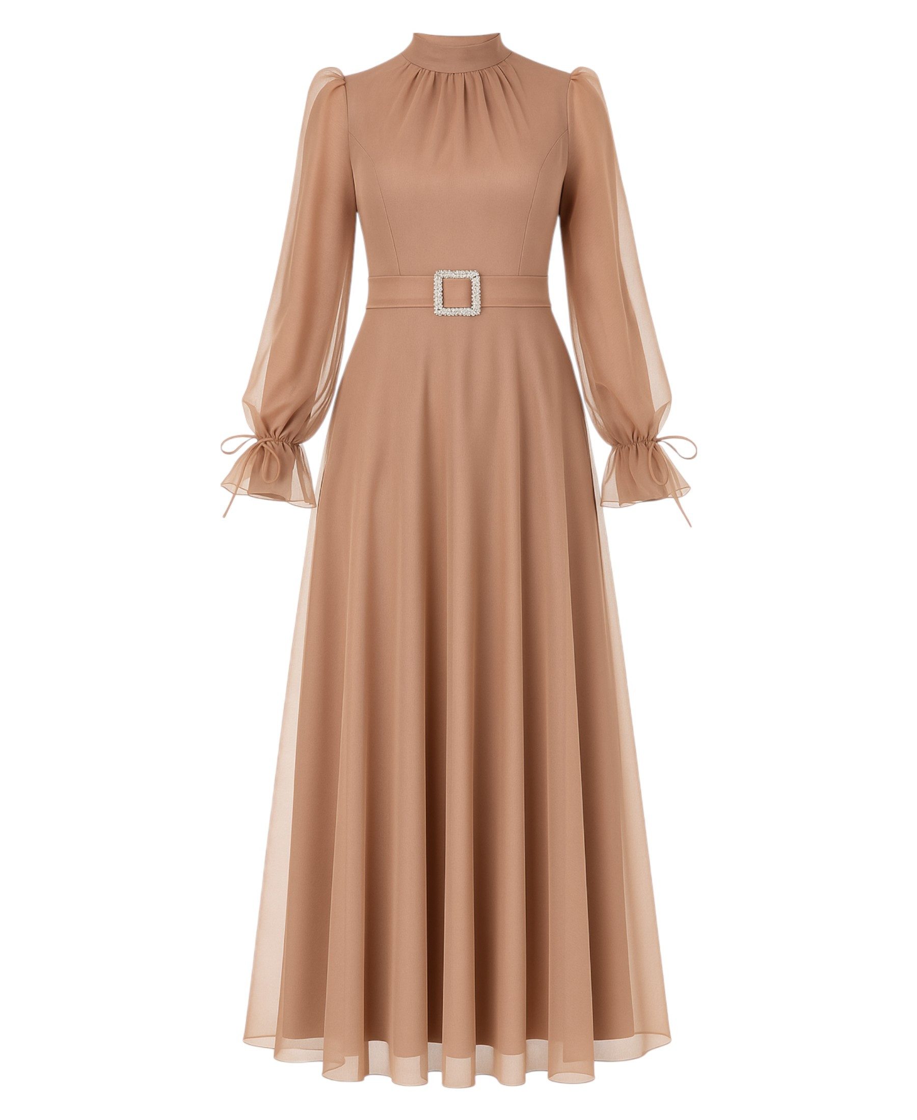 Modavitrini Abendkleid Damen Kleid langärmliges Maxikleid Abiye Abaya Hijab Mode Gürtel mit Schmucksteinen