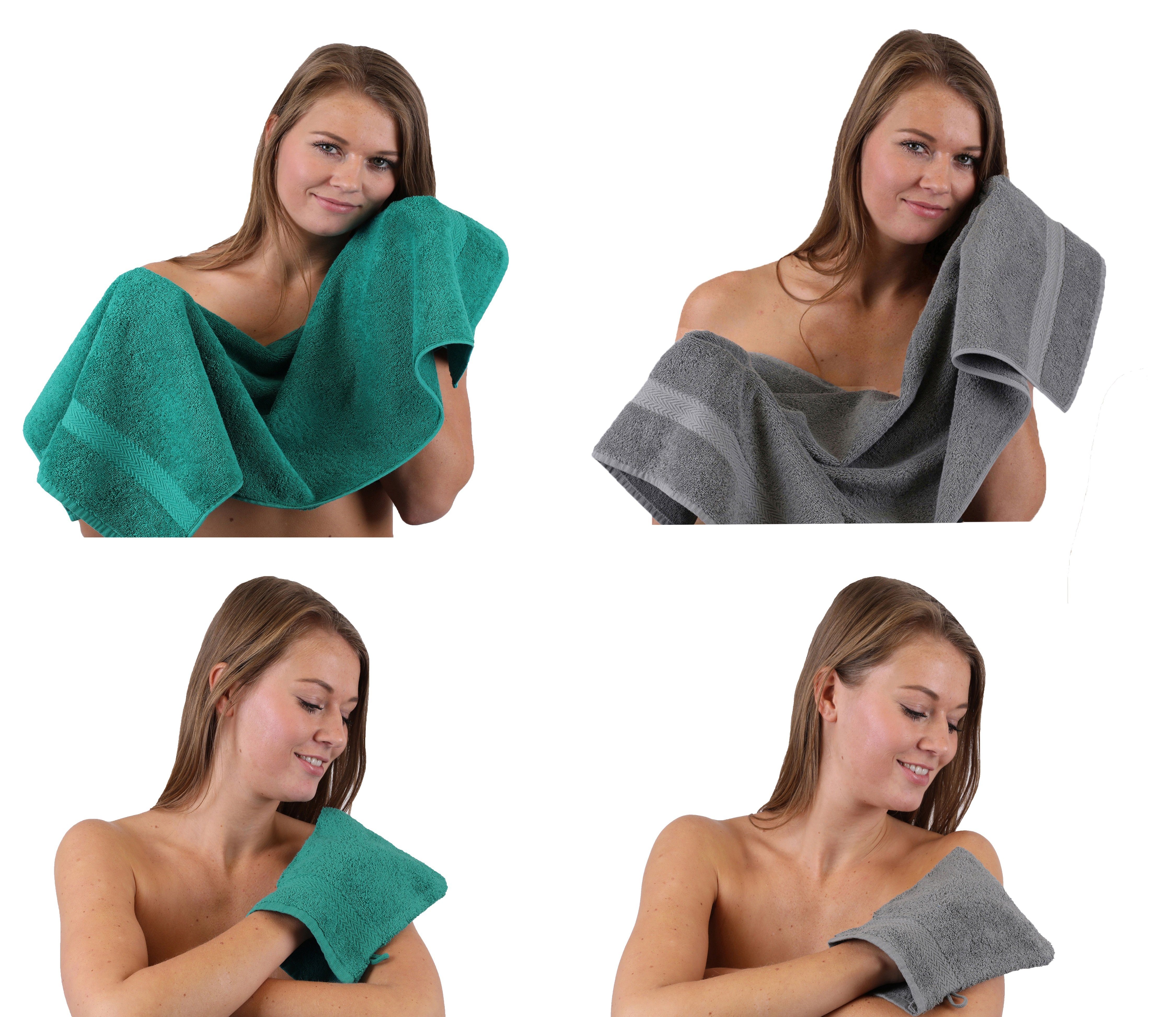 Betz Handtuch Set Happy smaragdgrün grau anthrazit TLG. Handtuch Waschhandschuhe, 2 Baumwolle Baumwolle 100% Handtücher 4 100% Pack - Set 2