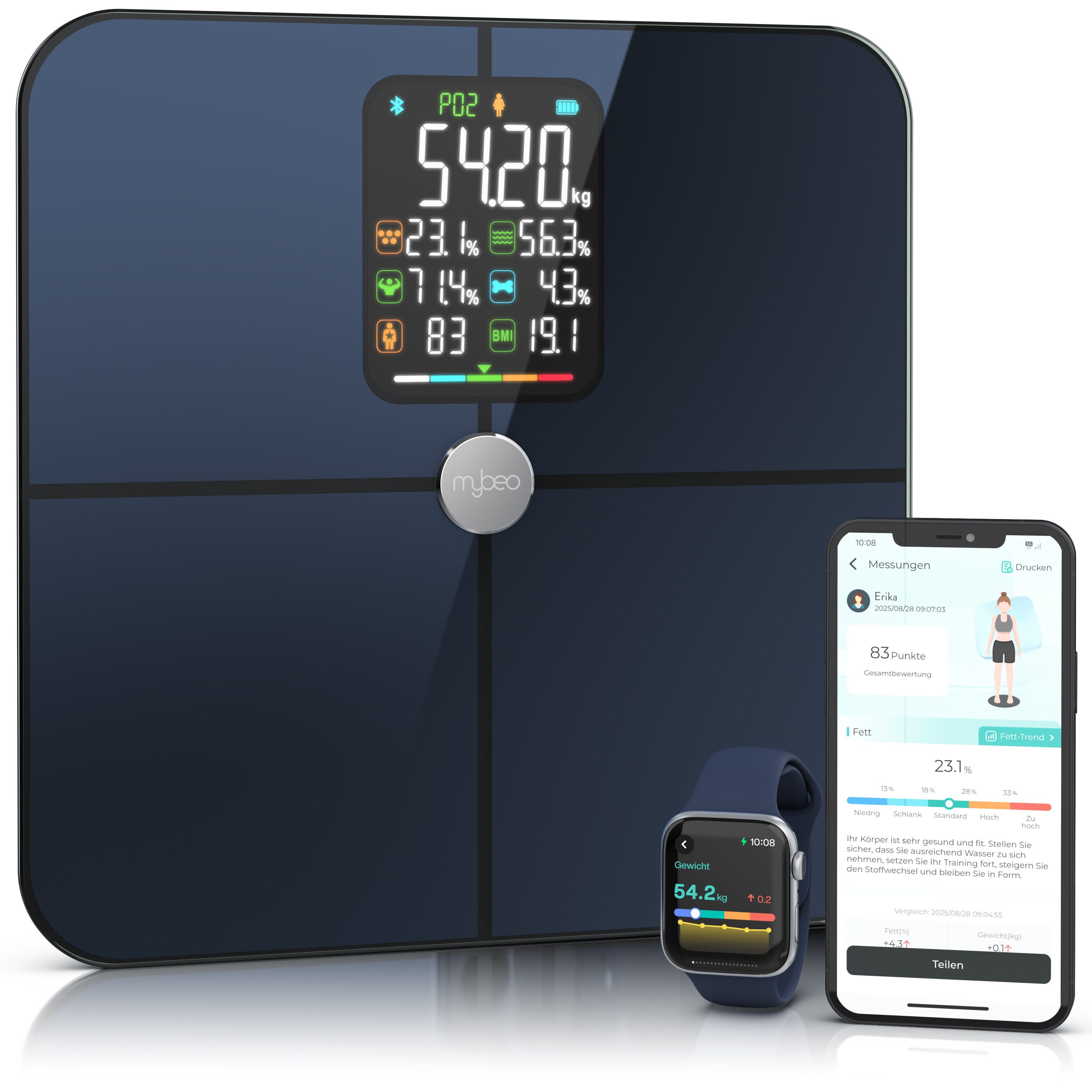 MyBeo Körper-Analyse-Waage Digitale Bluetooth Diagnosewaage mit App-Steuerung, Körperfettwaage, 1-tlg., Full Body Scan, BMI, Körperfett, Wasser & Muskelanteil, bis zu 180 kg