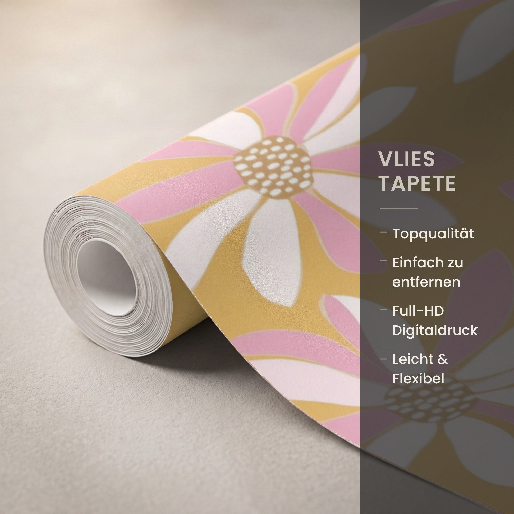 OnlyWow Fototapete Blumen - Modern - Gelb, Matt, bedruckt, Wandtapete, Schlafzimmer, Wanddekoration 100x220cm