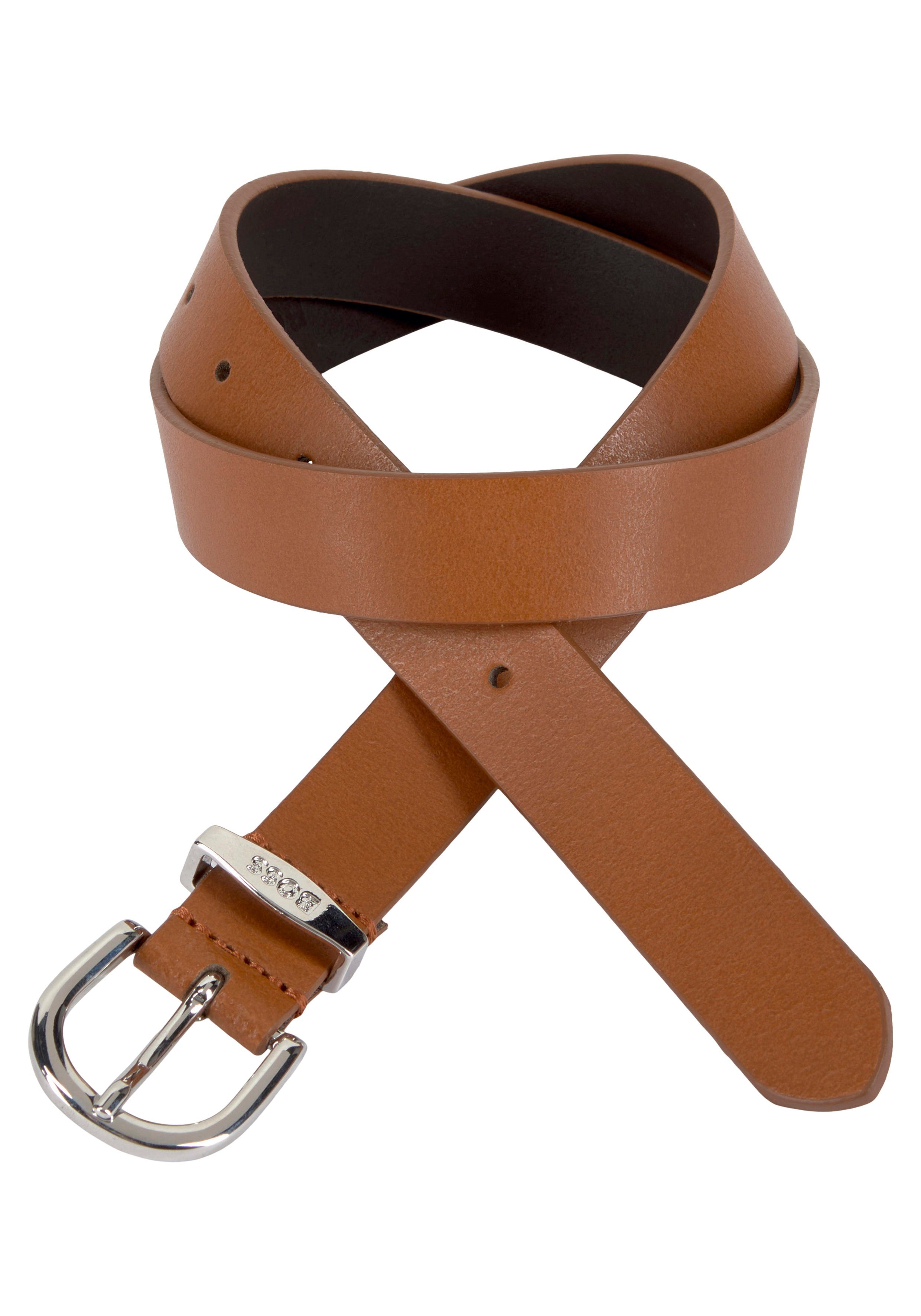 BOSS Ledergürtel Elen-ML_Sz25 mit silberner Schliesse und BOSS Logo-Schlaufe Medium Brown