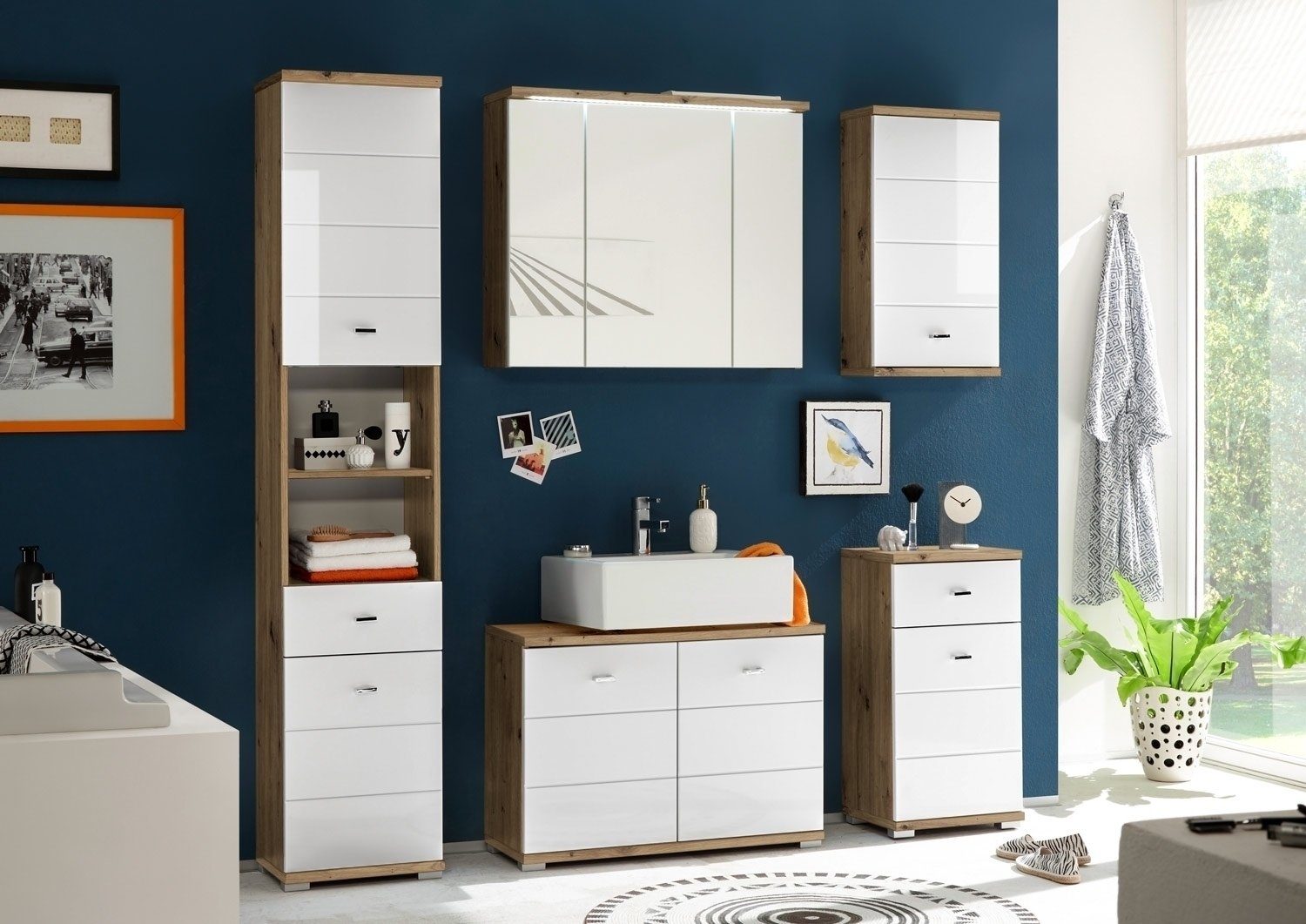 Waschbeckenunterschrank POOL, B 80 Hochglanz mit Türen 2 cm, Artisan Weiß Dekor, 1 Eiche und Einlegeboden