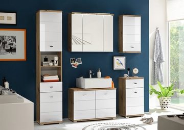 Waschbeckenunterschrank POOL, B 80 cm, Artisan Eiche Dekor, Weiß Hochglanz mit 2 Türen und 1 Einlegeboden