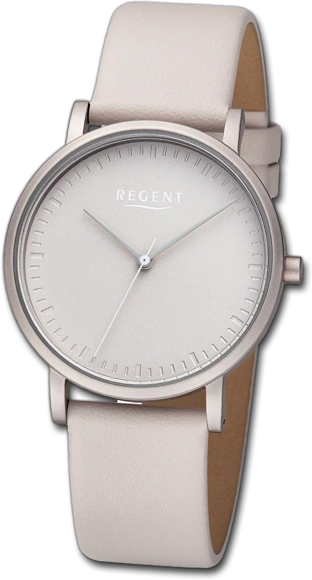 Regent Quarzuhr Regent Damen Armbanduhr Analog, Damenuhr Lederarmband grau, rundes Gehäuse, extra groß (ca. 36mm)