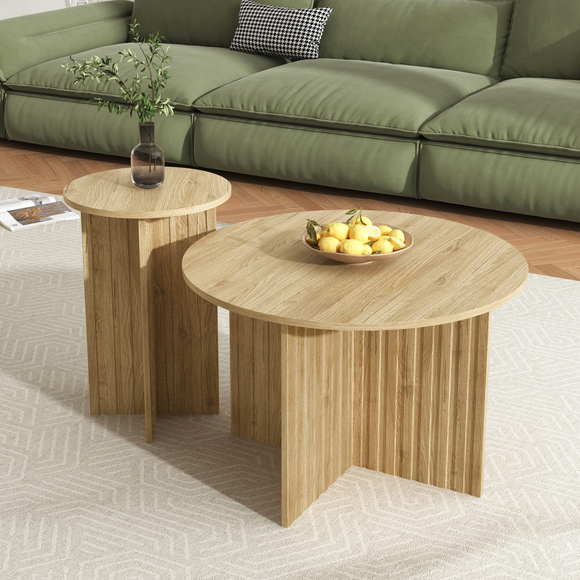 Merax Couchtisch Set rund Satztisch Wohnzimmertisch, im skandinavischen Design (2-St), Wohnzimmertisch Nest-Tisch-Set aus Holzoptik, Beistelltisch