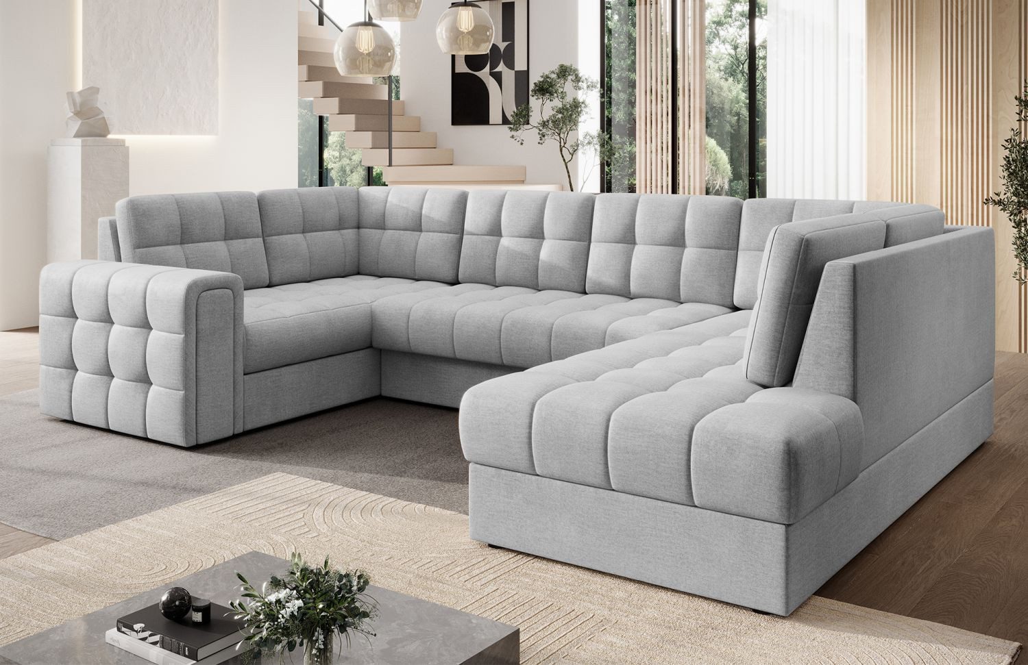 Lukas Möbel Wohnlandschaft Wohnlandschaft Belvis Ecksofa in U-Form, mit Bettfunktion, Bettkasten, Rückseite bezogen