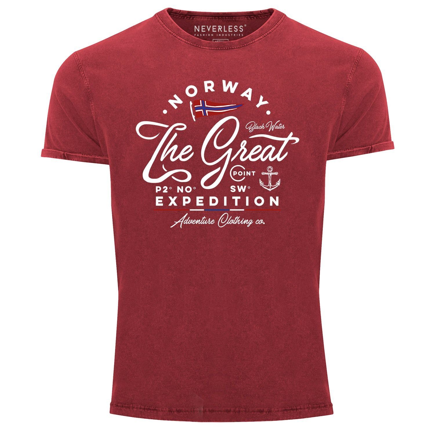 Neverless Print-Shirt Vintage Print mit Printshirt Look Herren Great Neverless® rot T-Shirt Norwegen Used The Aufdruck Outdoor Expedition Adventure Shirt