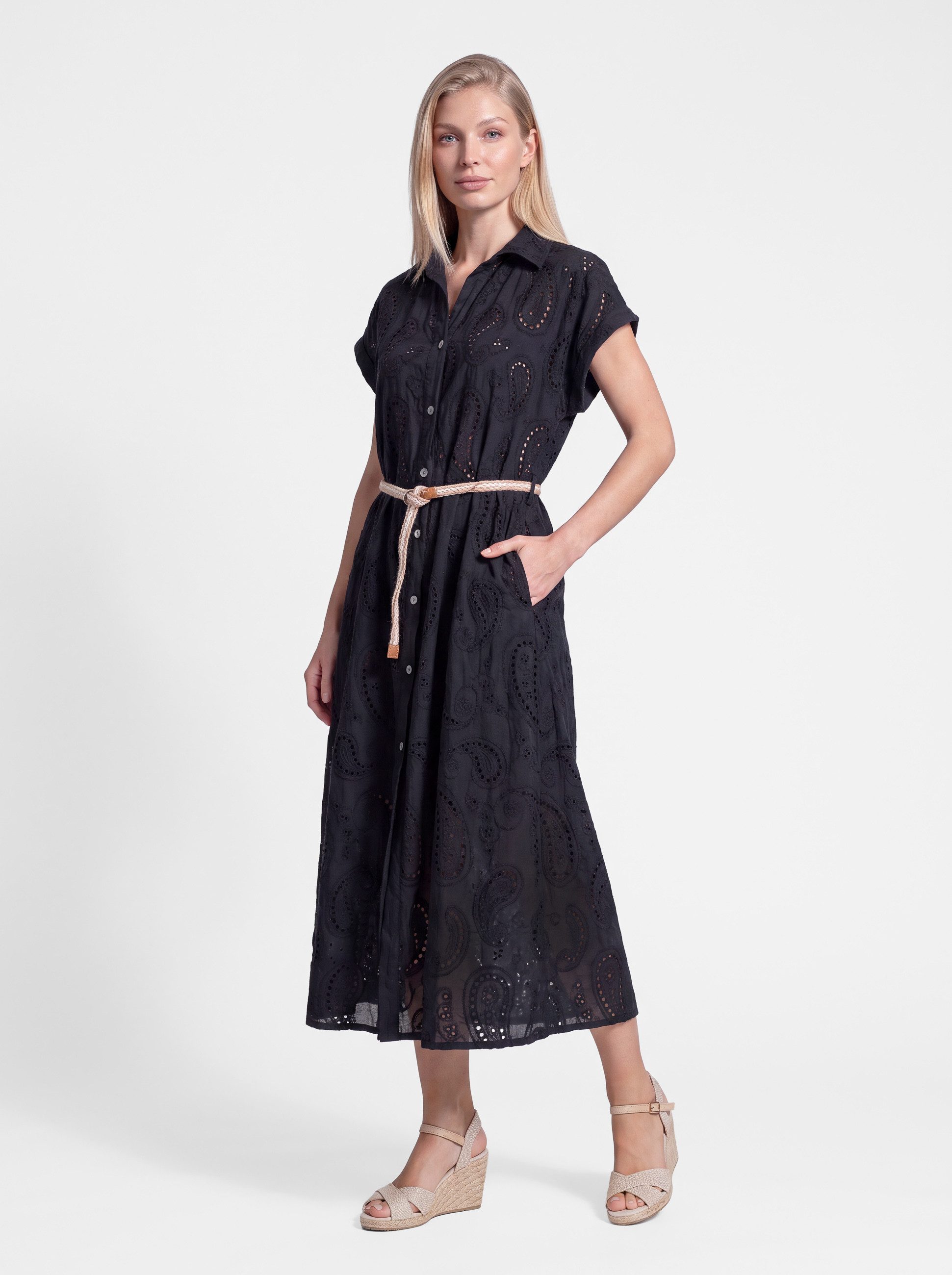 PEKIVESSA Sommerkleid Hemdblusenkleid mit Lochstickerei und Gürtel in Midilänge