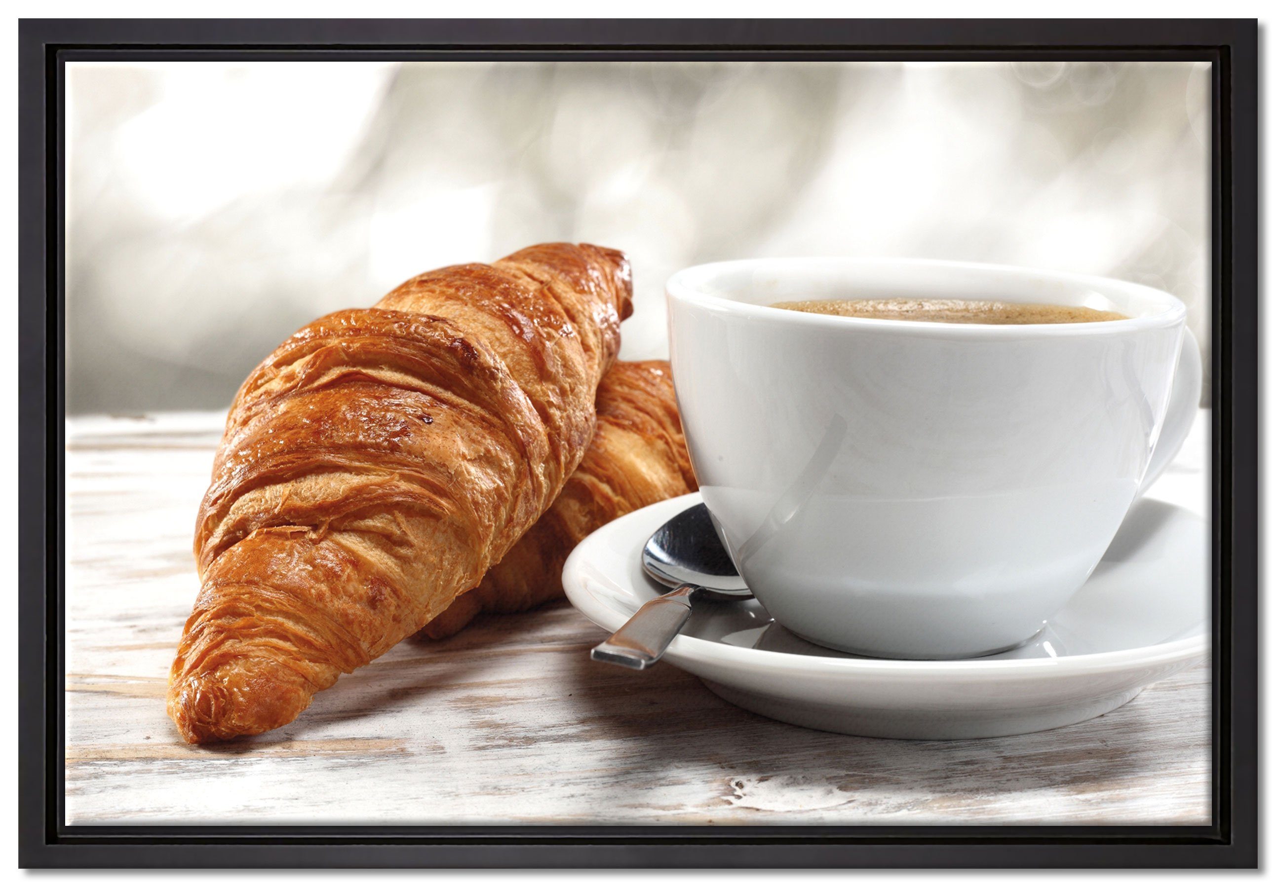 Pixxprint Leinwandbild Frisches Croissant und Kaffee, Wanddekoration (1 St), Leinwandbild fertig bespannt, in einem Schattenfugen-Bilderrahmen gefasst, inkl. Zackenaufhänger
