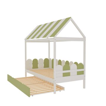 NMonet Hausbett Kinderbett 90x190cm (Für Jungen und Mädchen), Massivholzbett, Einzelbett, mit Dach und Ausziehbett, Lattenrost