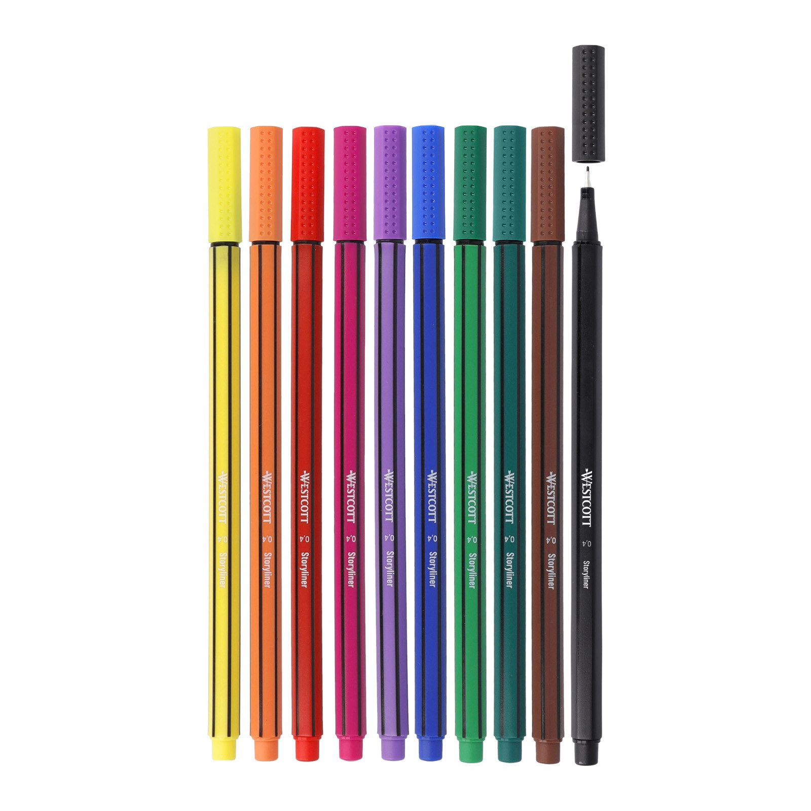 WESTCOTT Fineliner STORYLINER Finelinerset Mix 10 Stück, 0,4mm Strichstärke, (Vorteilspack, 10-tlg), Präzise Strichführung, metalleingefasste Spitze, schnelltrocknend