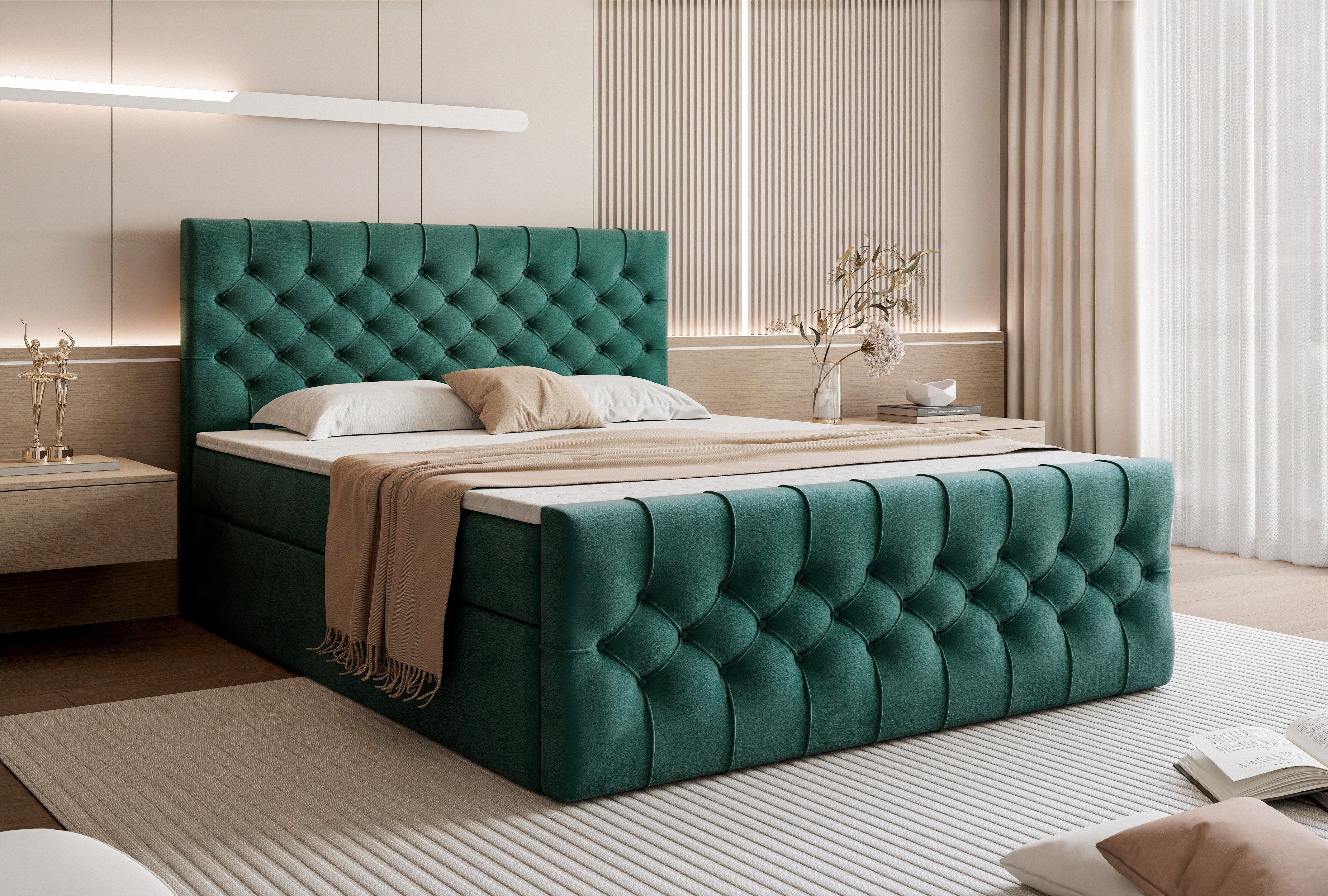 Goldstoff Boxspringbett TAURIEL mit Federkernmatratze & Topper, zwei Bettkästen (von 120 bis 200x200 cm), modernes Doppelbett aus Velvet Stoff mit edlem Kopfteil