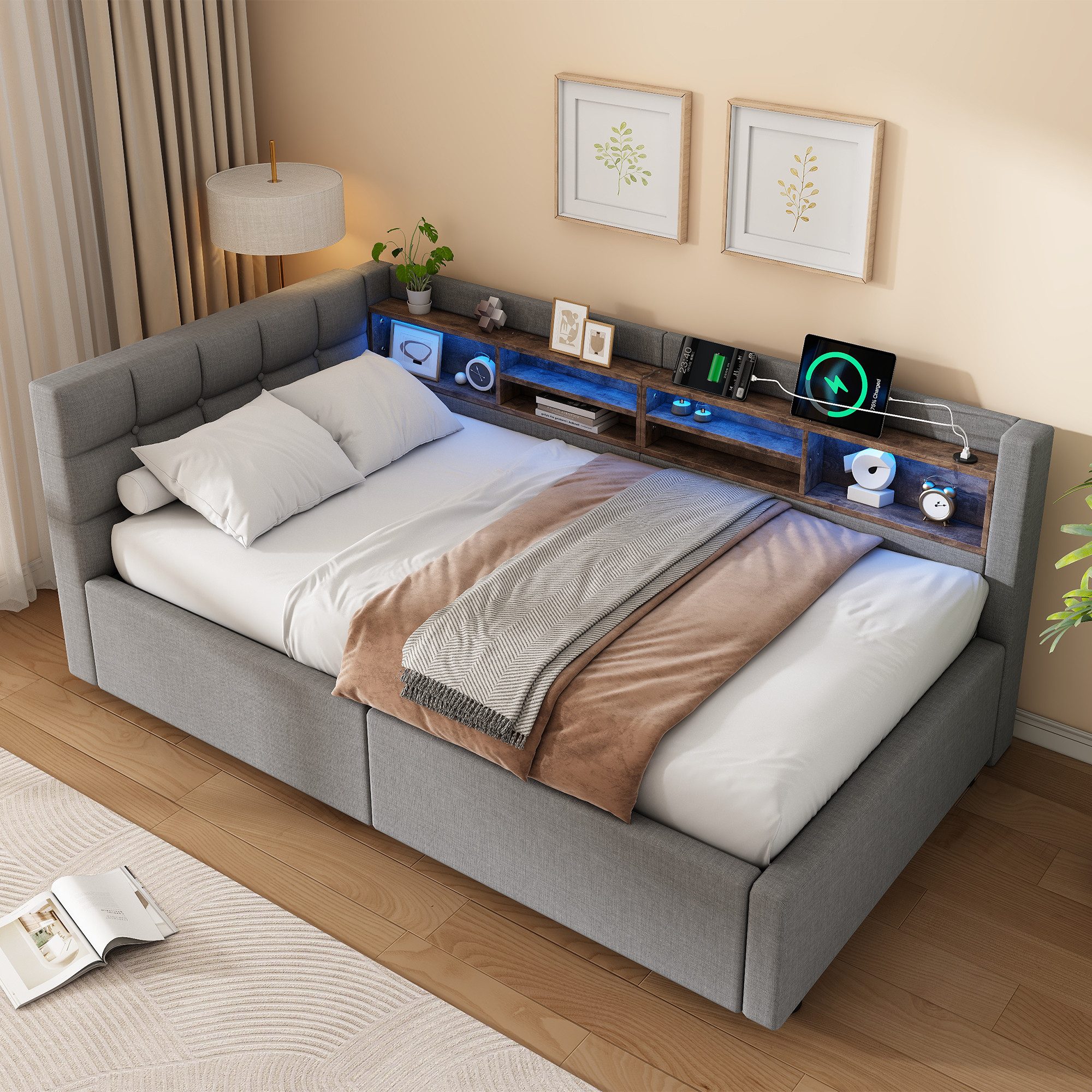 Merax Daybett mit LED-Beleuchtung & USB-Anschluss, Polsterbett mit Leinenbezug (Schlafsofa Jugendbett, 1 tlg), Tagesbett 90x200cm mit hydraulischem Stauraum & S – Bild 2 von 5