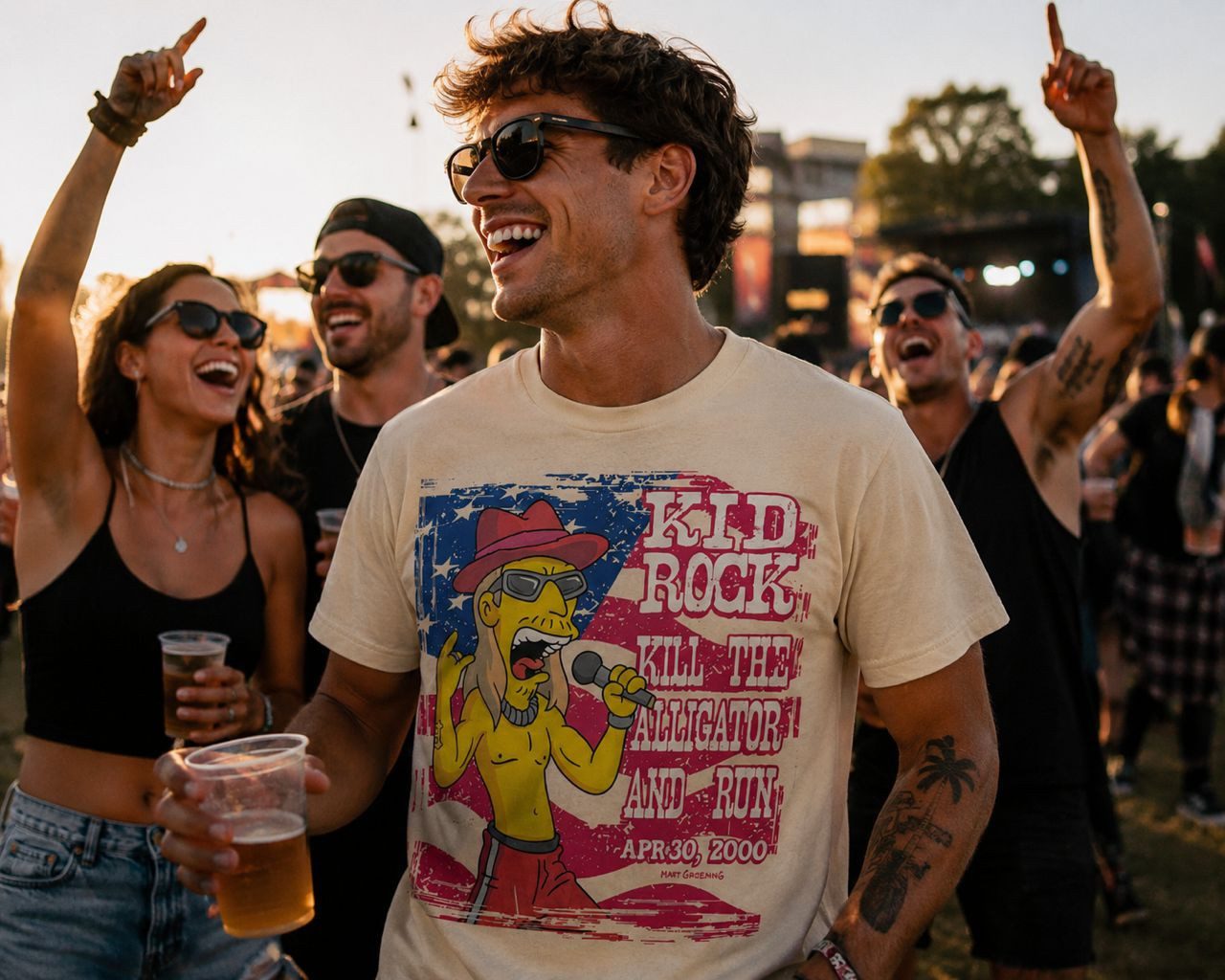 The Simpsons Print-Shirt The Simpsons Kid Rock Herren T-Shirt Vintage Rock Fanshirt Beige S-XXL Simpsons Kid Rock T-Shirt