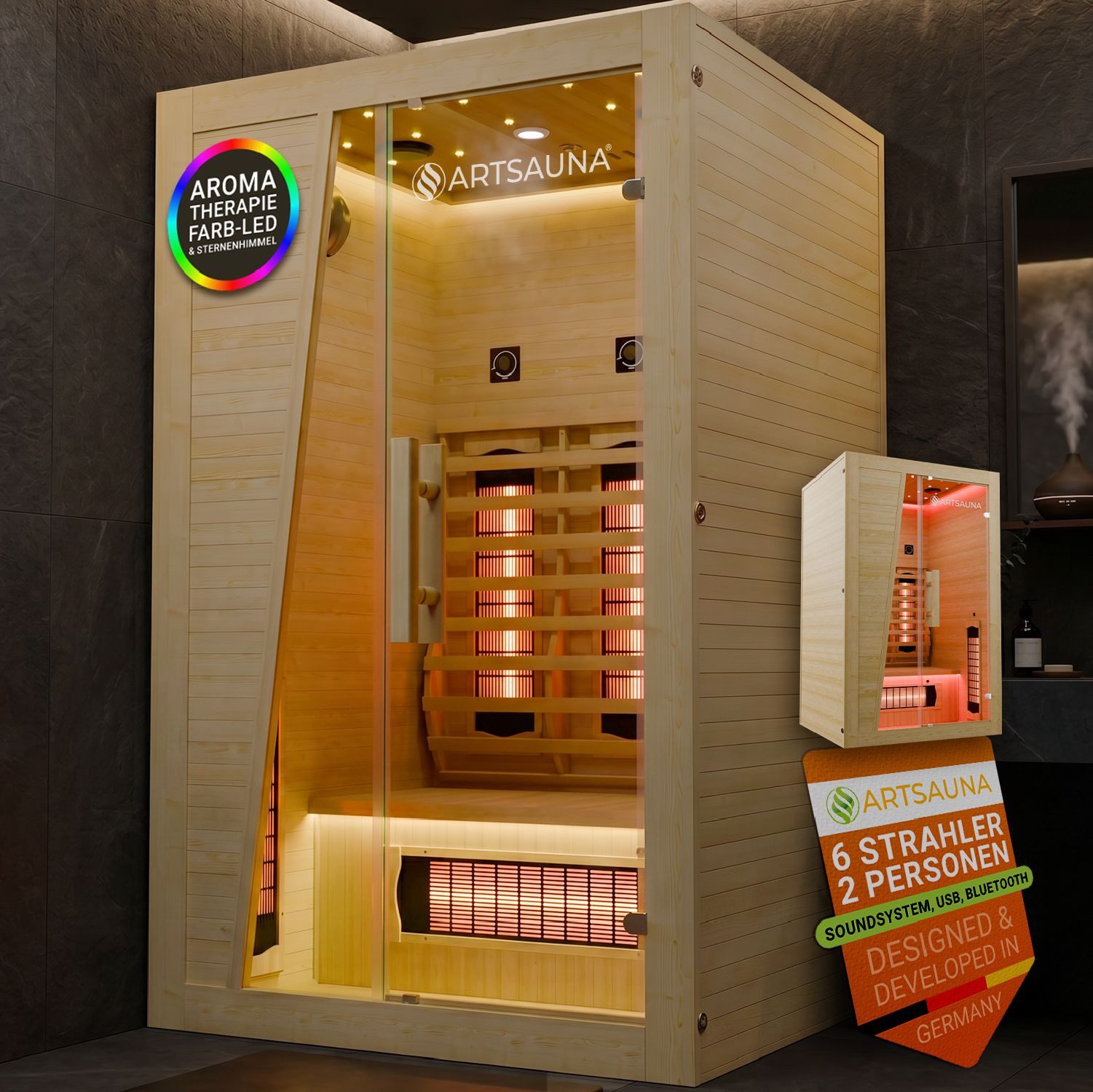 Artsauna Infrarotkabine Bergen115, BxTxH: 115 x 115 x 190 cm, 6x Vollspektrumstrahler, dimmbar, 2 Personen, mit LED-Beleuchtung