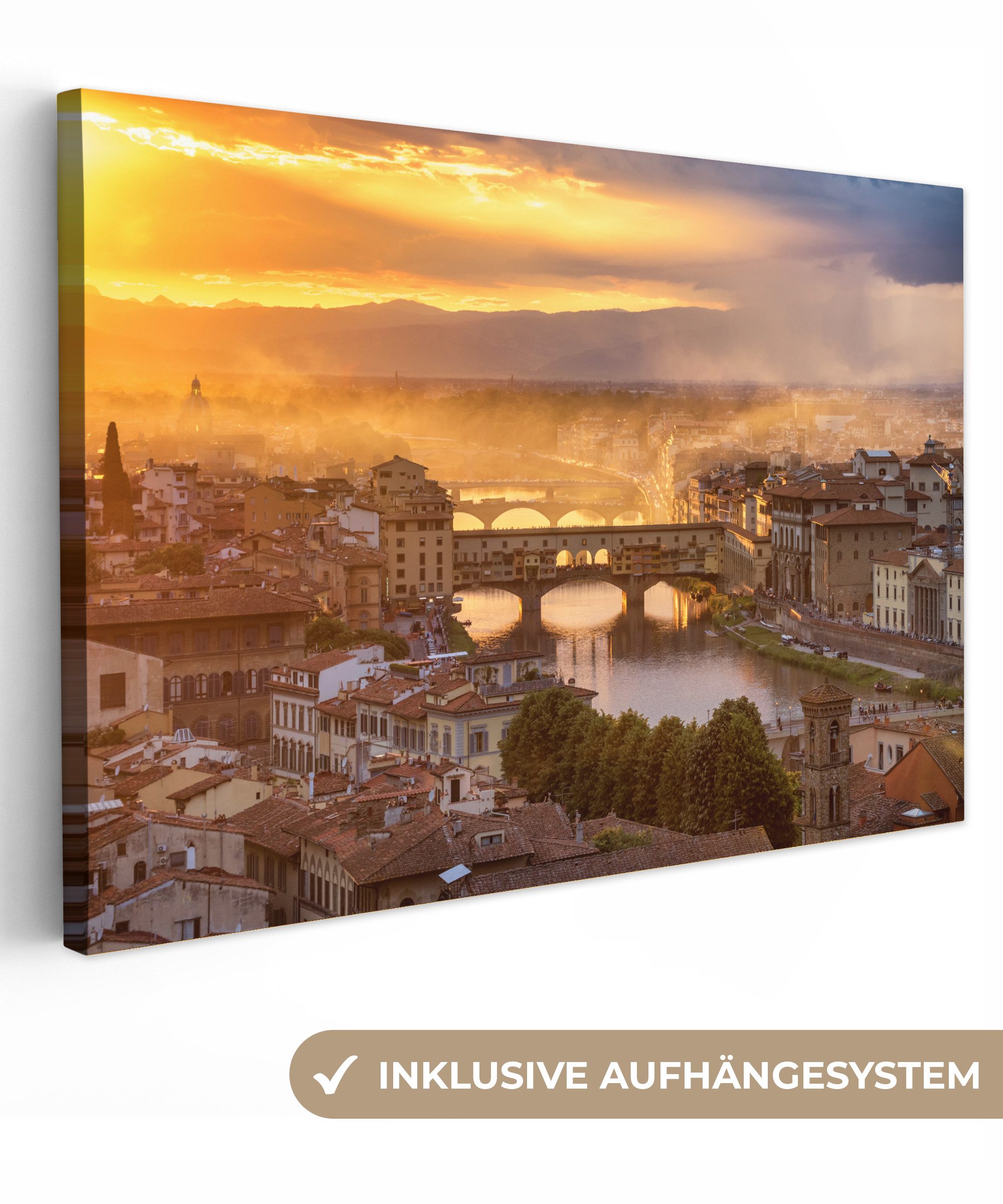 OneMillionCanvasses® Leinwandbild Blick auf die Ponte Vecchio in Italien, Fotodruck (1 St), Leinwand Bilder Klein, Wand Dekoration Aesthetic 30x20 cm