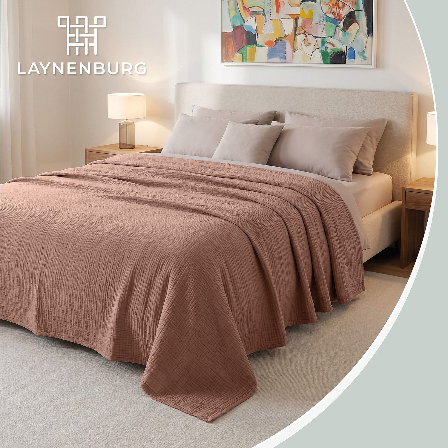 Laynenburg Tagesdecke Musselin aus 100% Baumwolle – Baumwolldecke, Kuscheldecke, Wohndecke als Sommerdecke, Bett-Überwurf, Couch-Überwurf, Sofa-Decke – Bild 2 von 5