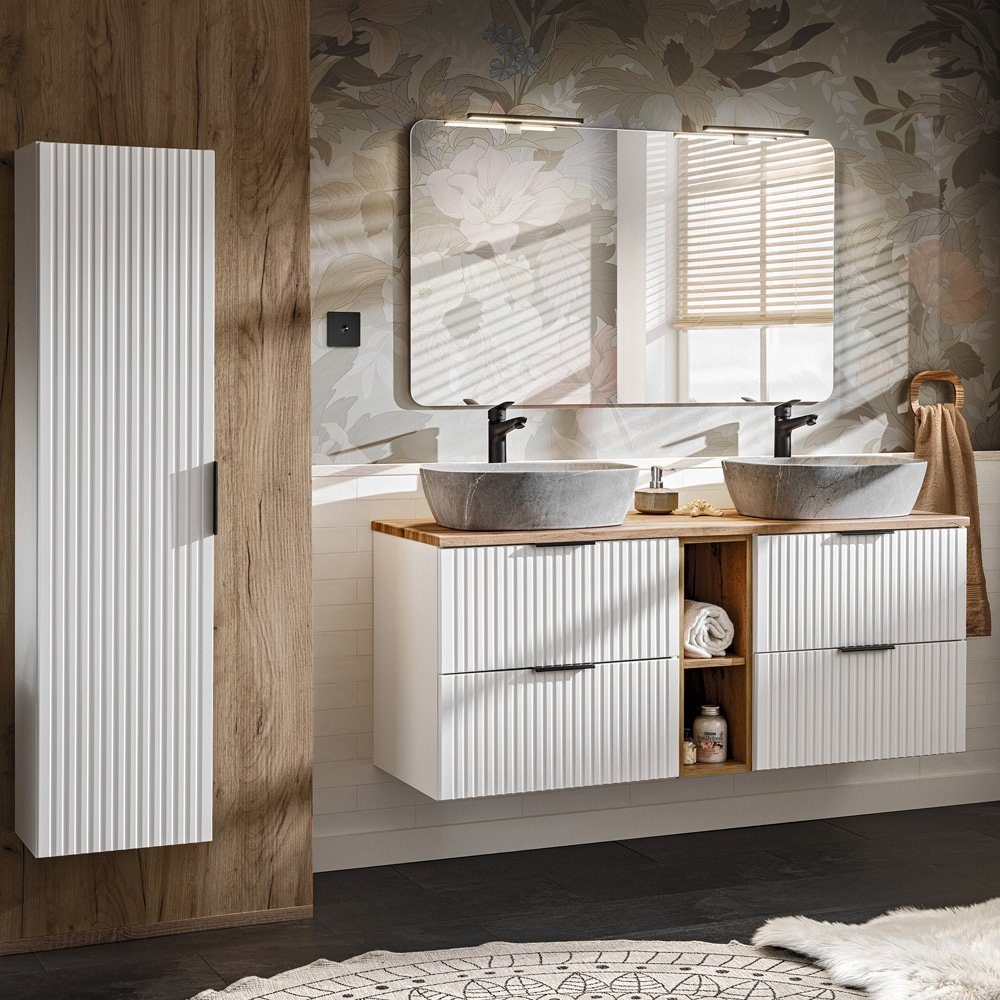 Lomadox Waschbeckenschrank ADELAIDE-56-WHITE Waschtischunterschrank matt weiß gerillt, 2 Auszüge, 60/57/46 cm