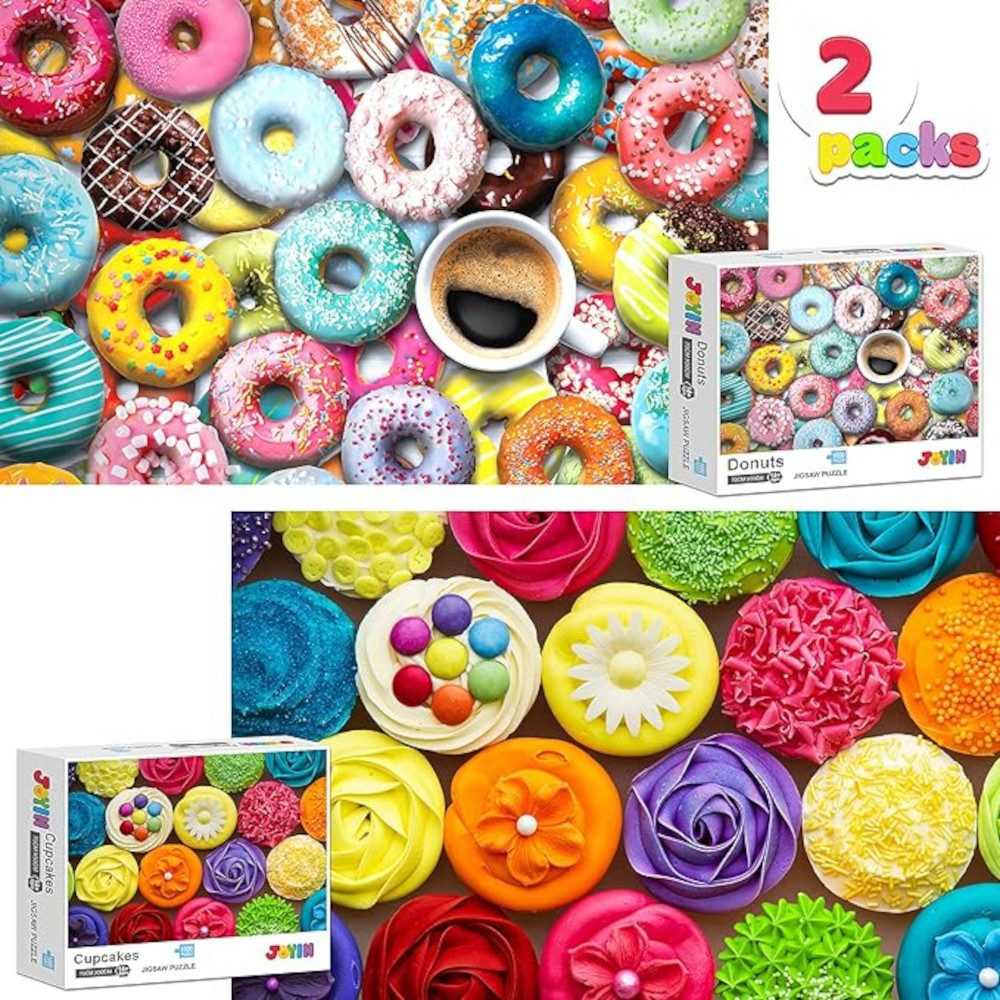 UE Stock Puzzle 2 Stück - 1000-teiliges Puzzle mit Motiv von Donuts und Cupcakes, 1000 Puzzleteile, aus hochwertigem Material