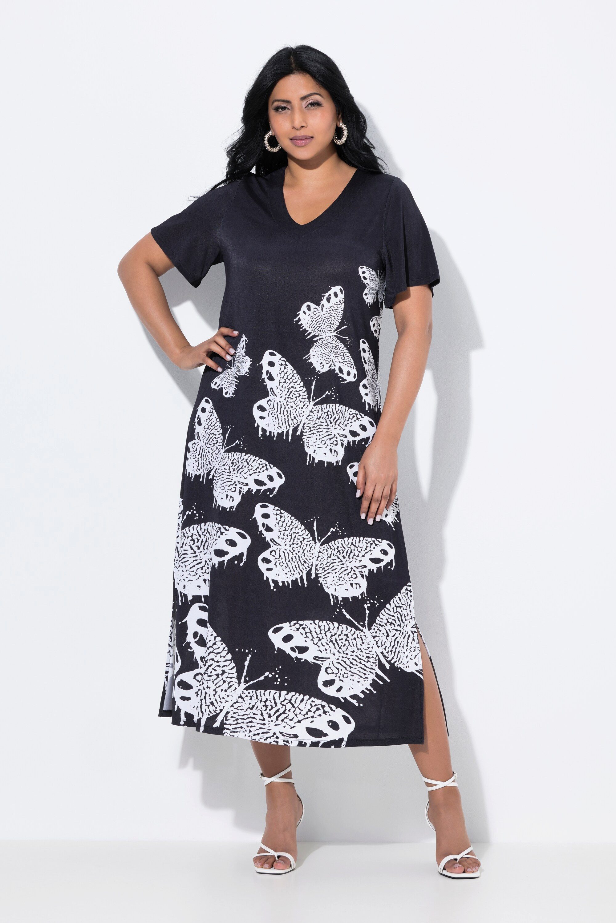Ulla Popken Jerseykleid Slinky-Midikleid Schmetterlinge V-Ausschnitt günstig online kaufen