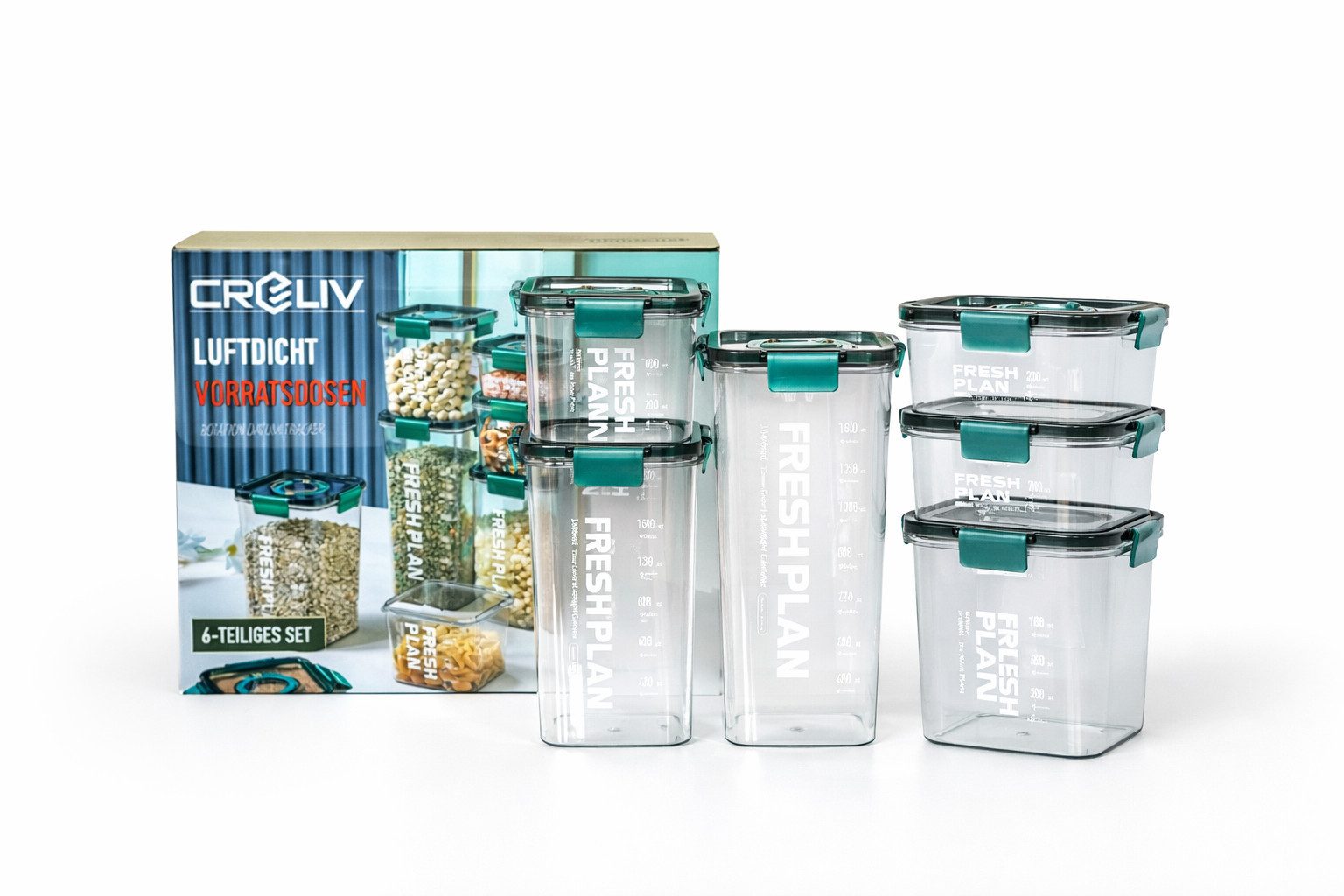 Creliv Aufbewahrungsdose Luftdichte Vorratsdosen 6er Set mit Datumsanzeige, BPA-frei, stapelbar (6 St), Kühlschrank geeignet