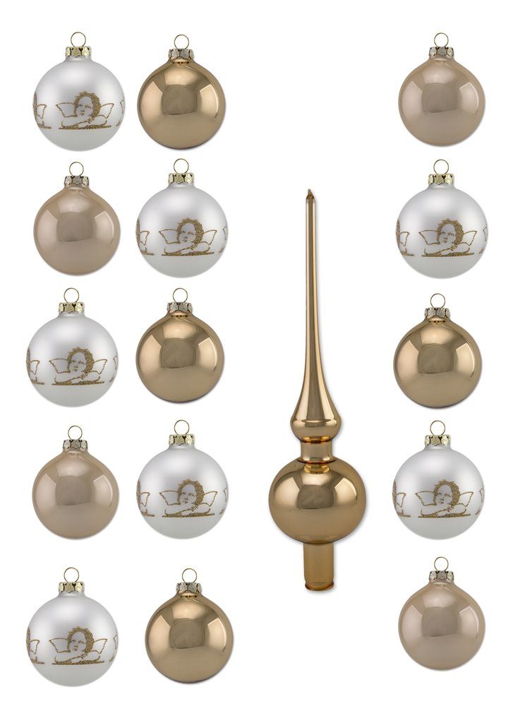 Thüringer Glasdesign Weihnachtsbaumkugel Diamonds mit Glitzer Dekor Engel Raphael - Christbaumkugeln aus Glas Gold Weiß (16 St), aus Glas