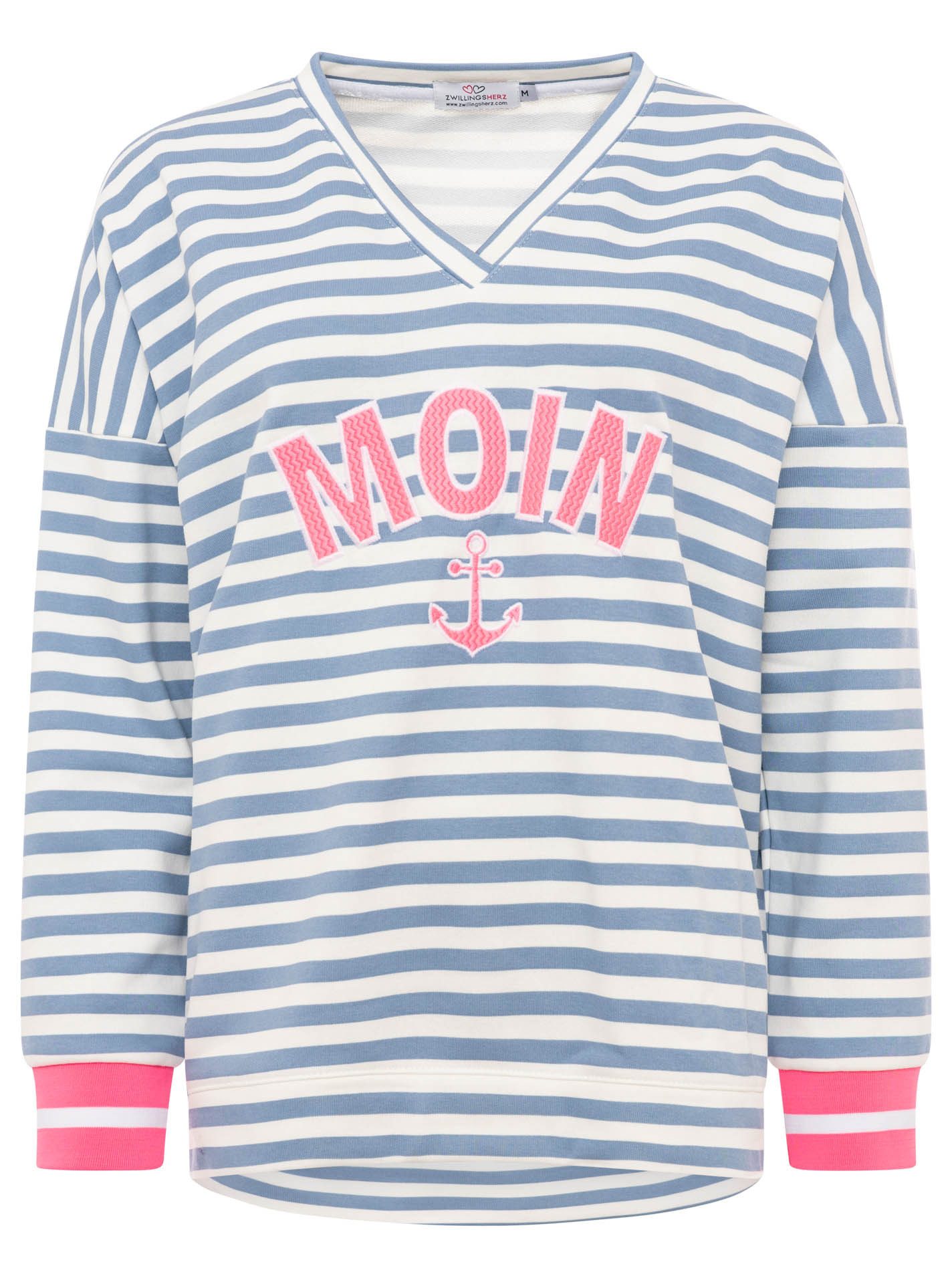 Zwillingsherz Hoodie "Streifen Moin" V-Neck, gestreift, Stickerei mit Anker, gestreifte Bündchen