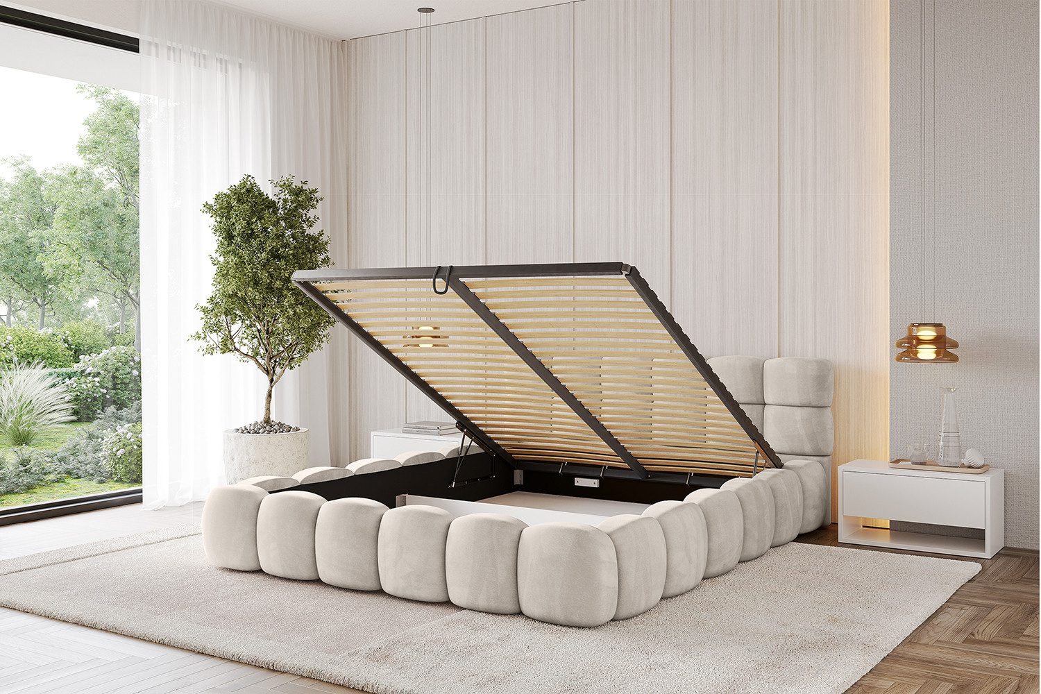 ALTDECOR Polsterbett LEYA-v1 (Polsterbett mit Bettkasten und Lattenrost, Boxbett ohne Matratze), Doppelbett mit Stauraum, Bett mit Kopfteil