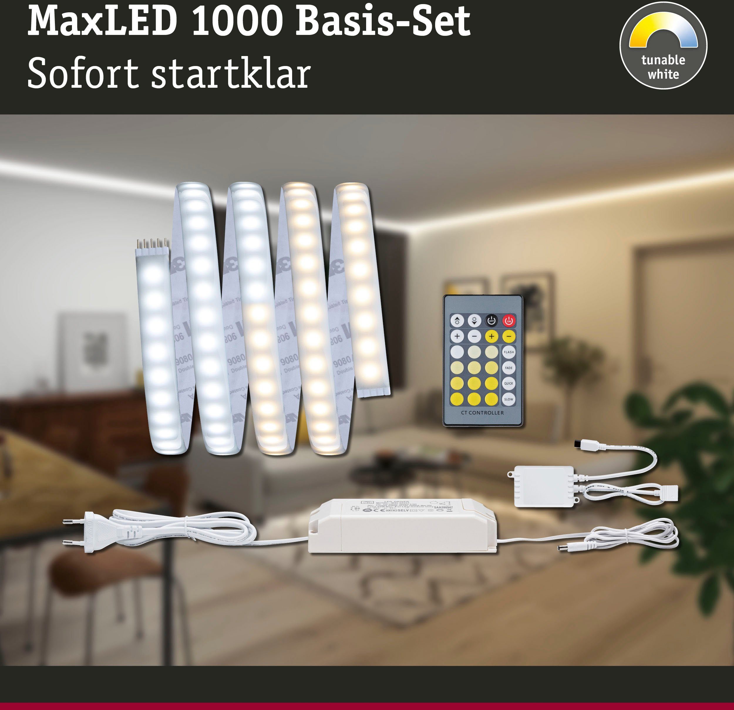 Paulmann LED-Streifen MaxLED1000 Basisset 1,5m IP44 1-flammig, 17W 230/24V 40VA Silber, White Tunable Cover2700-6500K