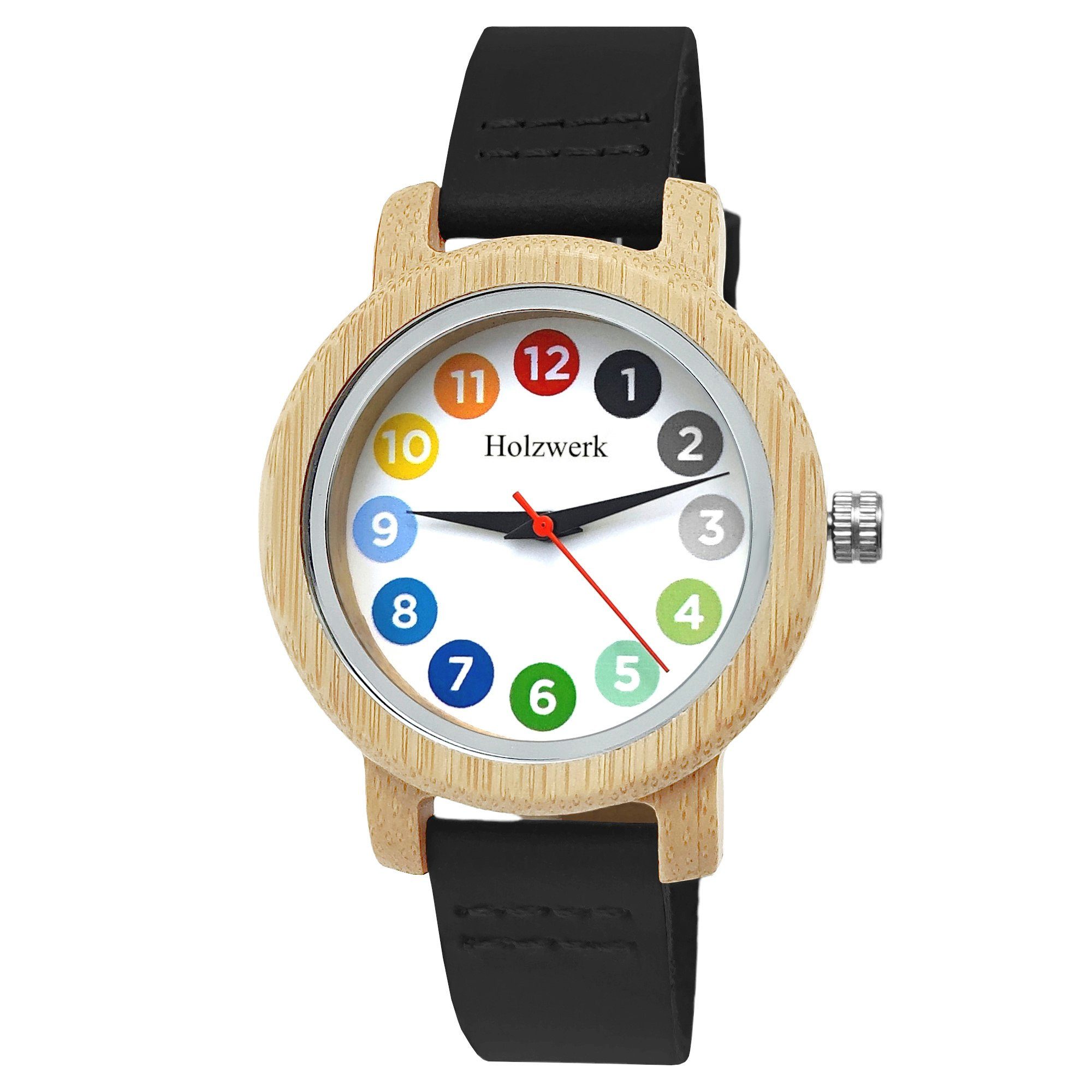 Holzwerk Quarzuhr LIL RAINBOW BLACK bunte Kinder Leder & Holz Armband Uhr, schwarz