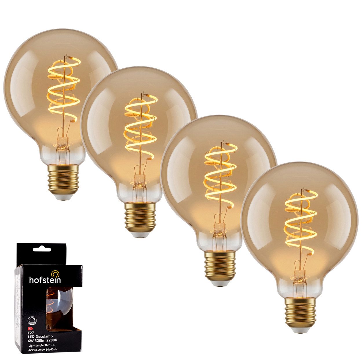 hofstein LED-Leuchtmittel 4er Set Glühbirne Extra Warmweiß dimmbar 6 Watt, E27, 2200 Kelvin, 320 Lumen, Globe Vintage, Filament Spirale, Amber