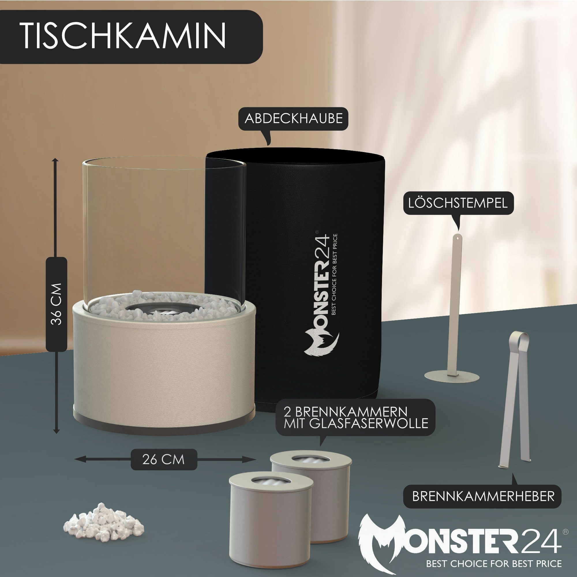 Monster24 Tischfeuer Bio-Ethanol Tischkamin für Indoor & Outdoor, Echtfeuer-Dekokamin (Höhe 36 cm / Durchmesser 26 cm)