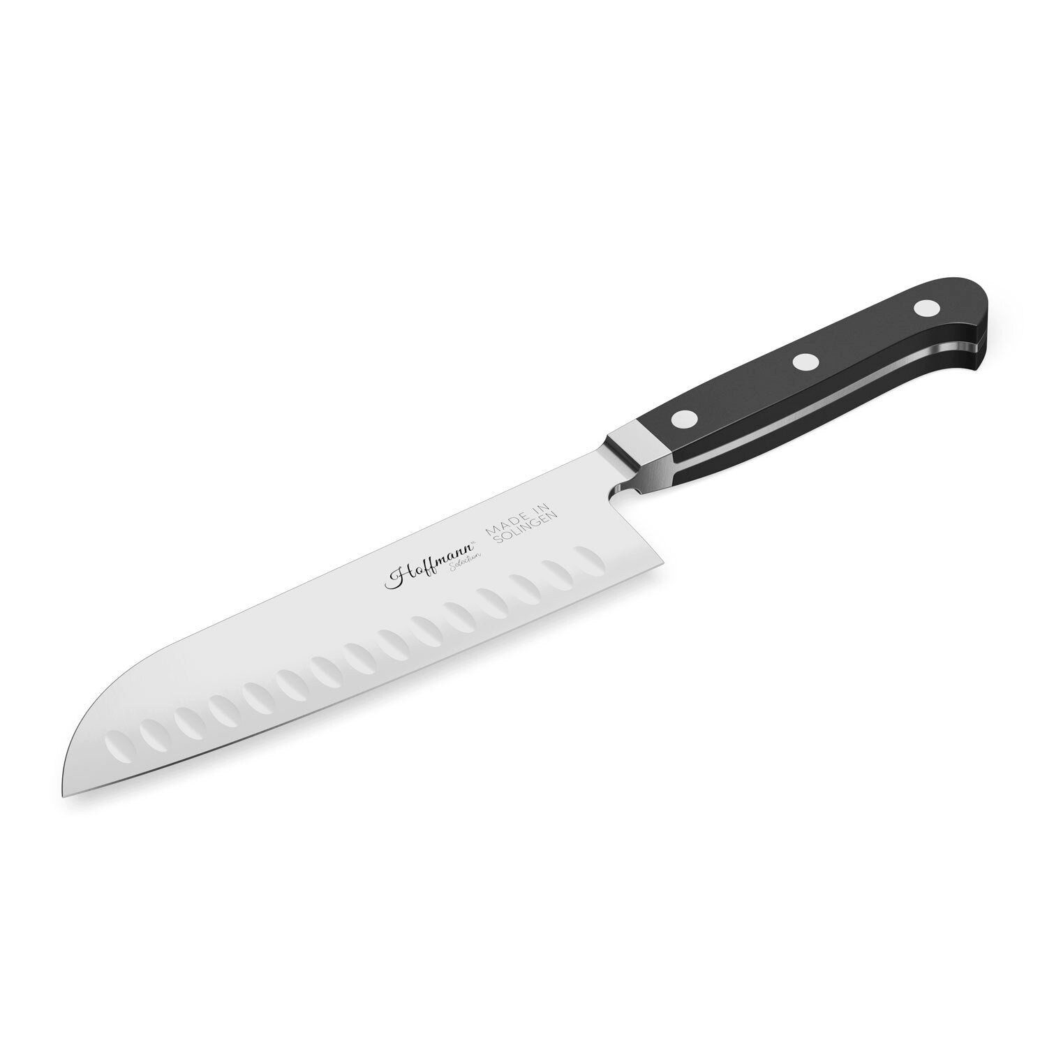 Hoffmann Germany Santokumesser Japanisches Küchenmesser Kullenschliff Solingen 18 cm – rostfrei, X50CrMoV15, 58 HRC, Kullenschliff, POM-Griff, Solingen