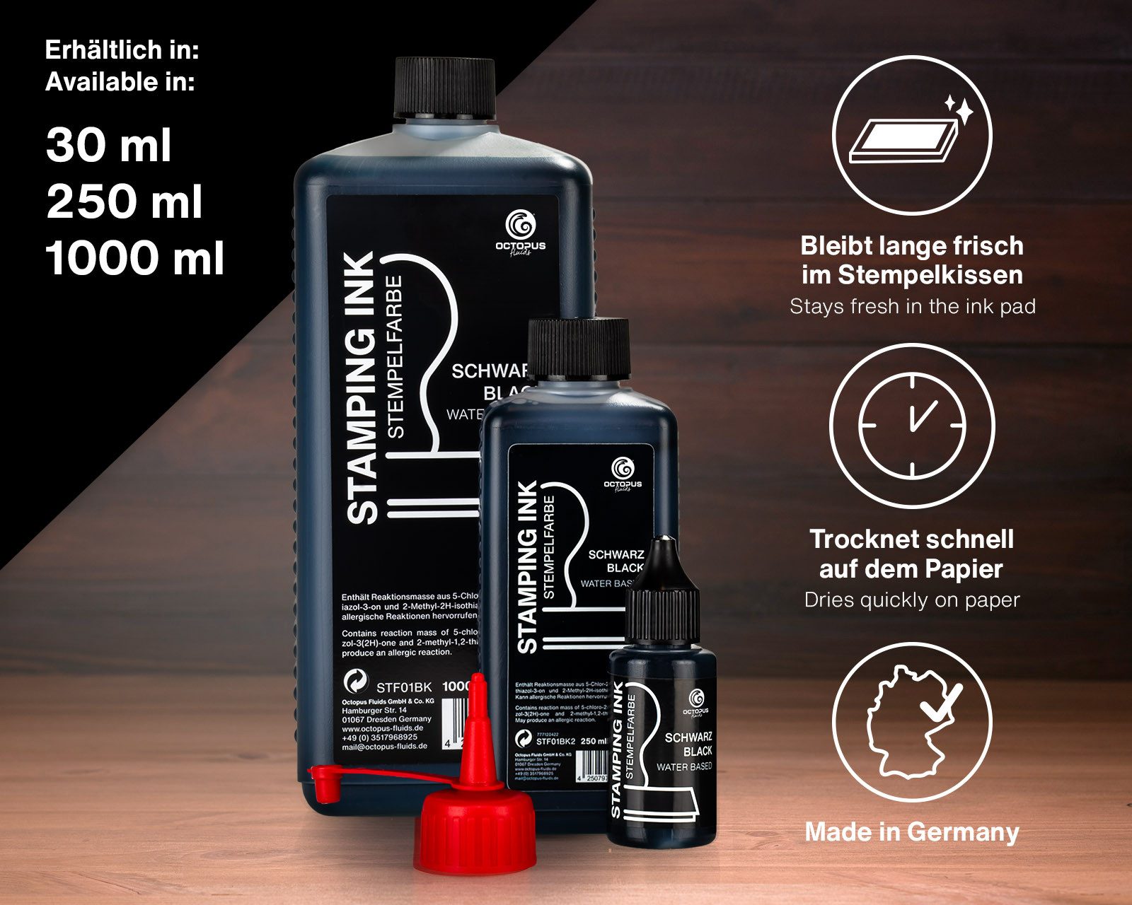 OCTOPUS Fluids Stempelfarbe für Stempelkissen, Selbstfärber ohne Öl, schwarz 30ml Stempelkissen