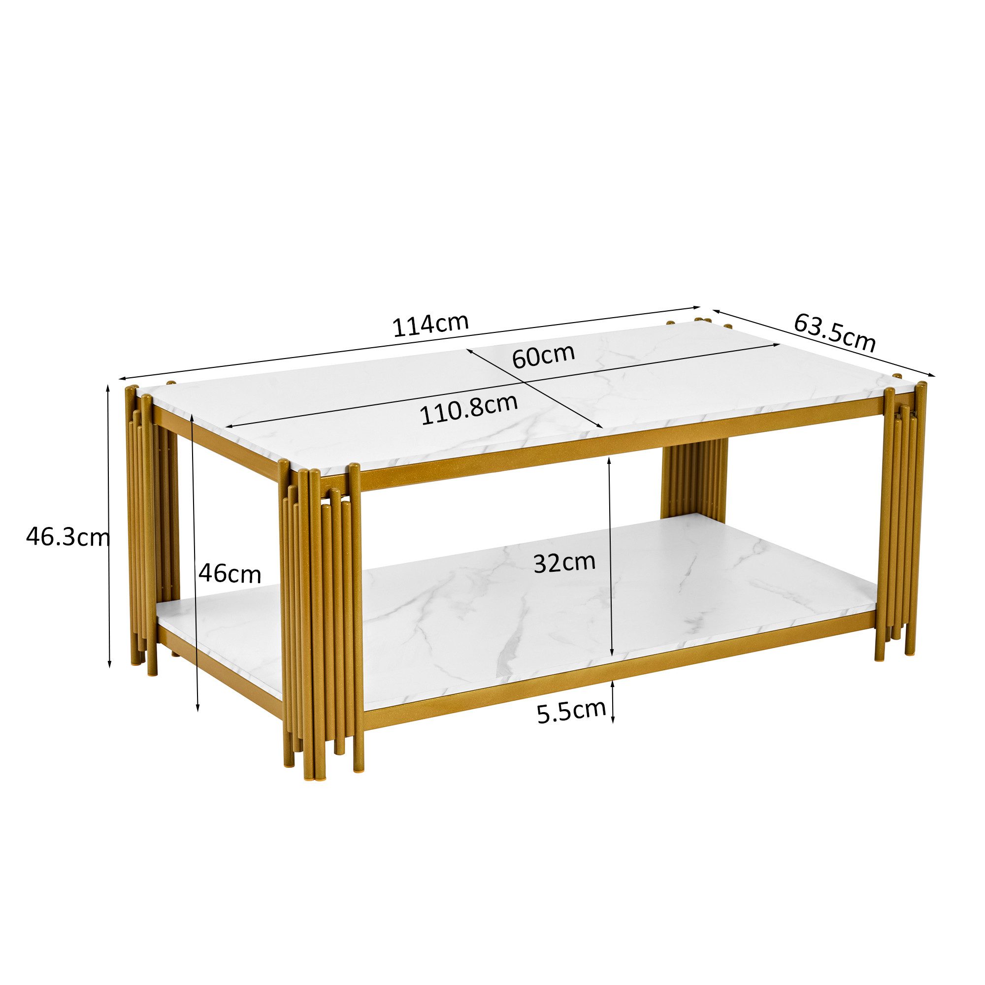 Fine Life Pro Couchtisch Rechteckiger Couchtisch, Marmoroptik-Platte, Metallbeine, weiß-gold, H46xB114xT64 cm, modernes Wohnzimmermöbel, elegantes Design – Bild 2 von 5