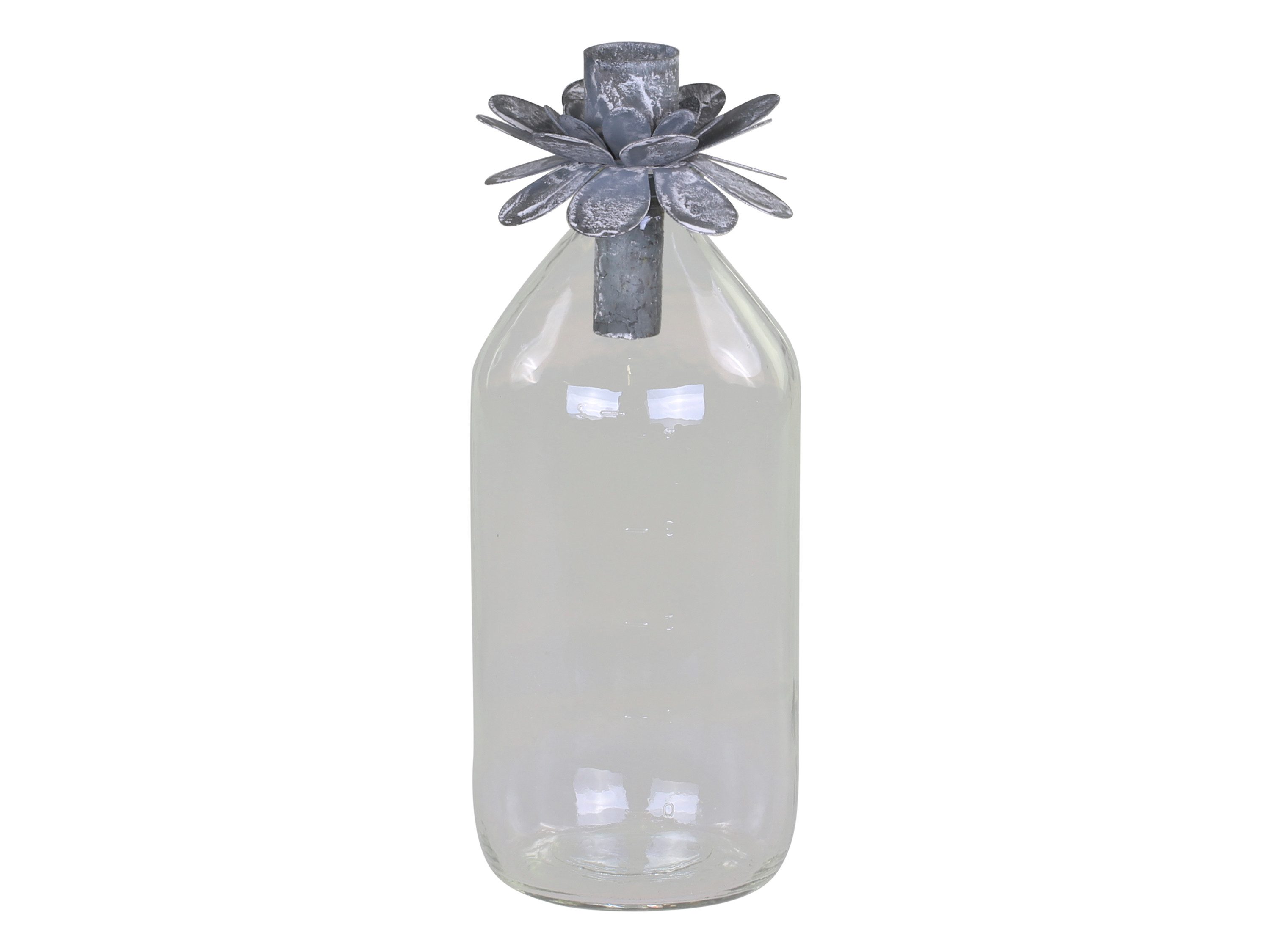 Chic Antique Flaschenkerzenhalter Glasflasche Kerzenhalter Zink Blume antik grau für Stabkerzen, Kerzenhalter aus Zink in Blumenform antik grau patiniert