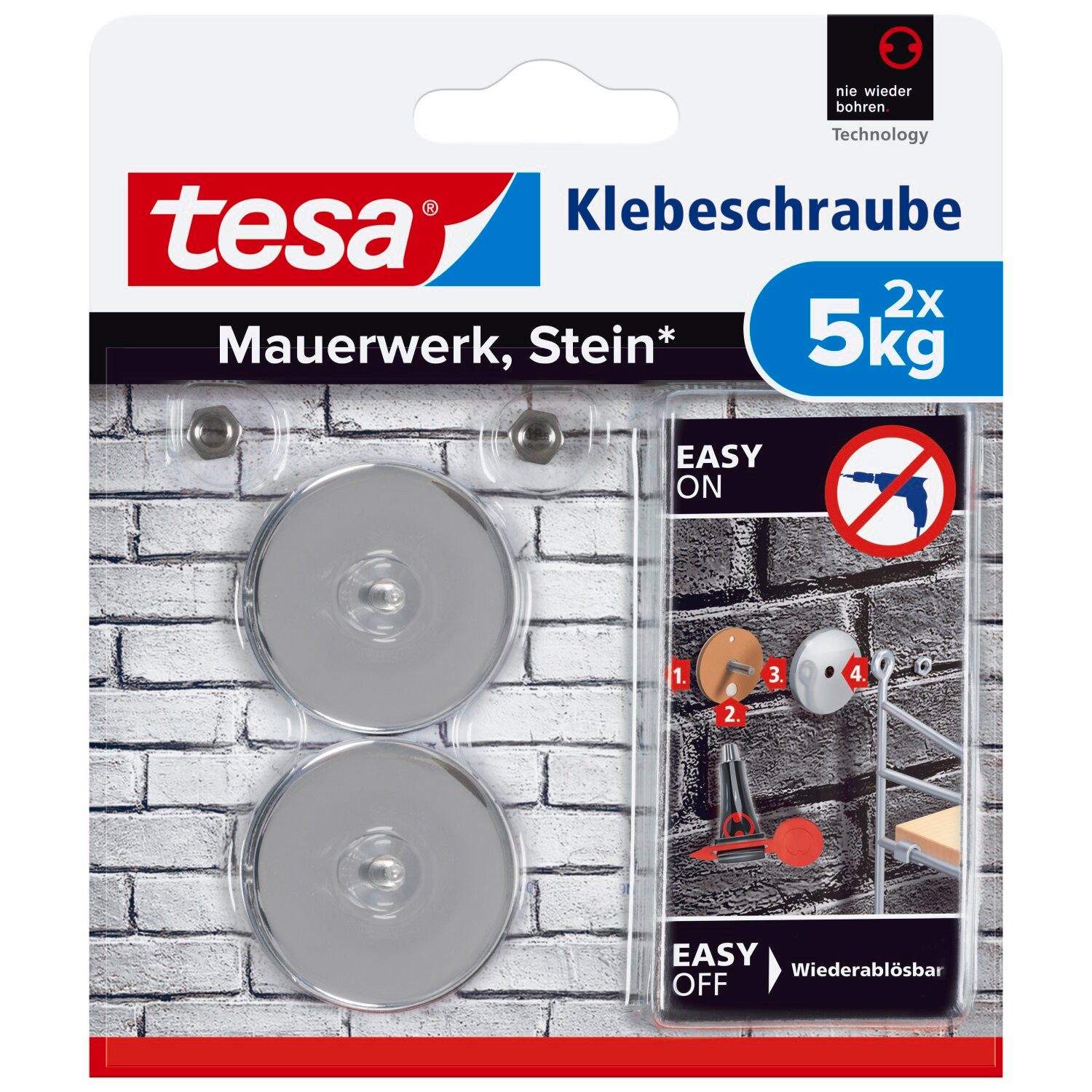 Klebehaken 2x tesa Klebeschraube für Mauerwerk und Stein, Halteleistung 5 kg