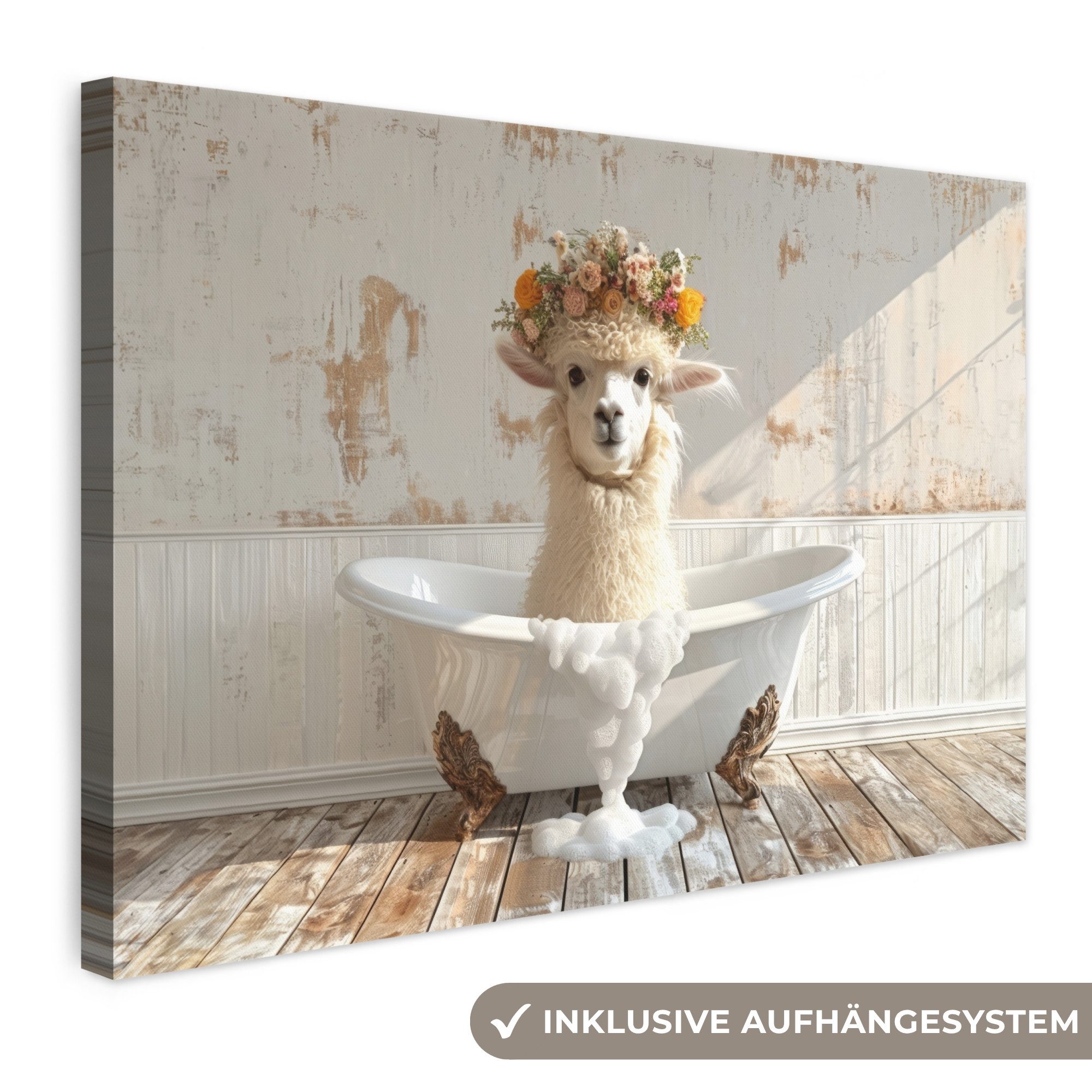 OneMillionCanvasses® Leinwandbild Vintage - Alpaka - Badewanne - Blumen - Tier, Fotodruck (1 St), Leinwand Bilder Klein, Wand Dekoration Aesthetic 30x20 cm