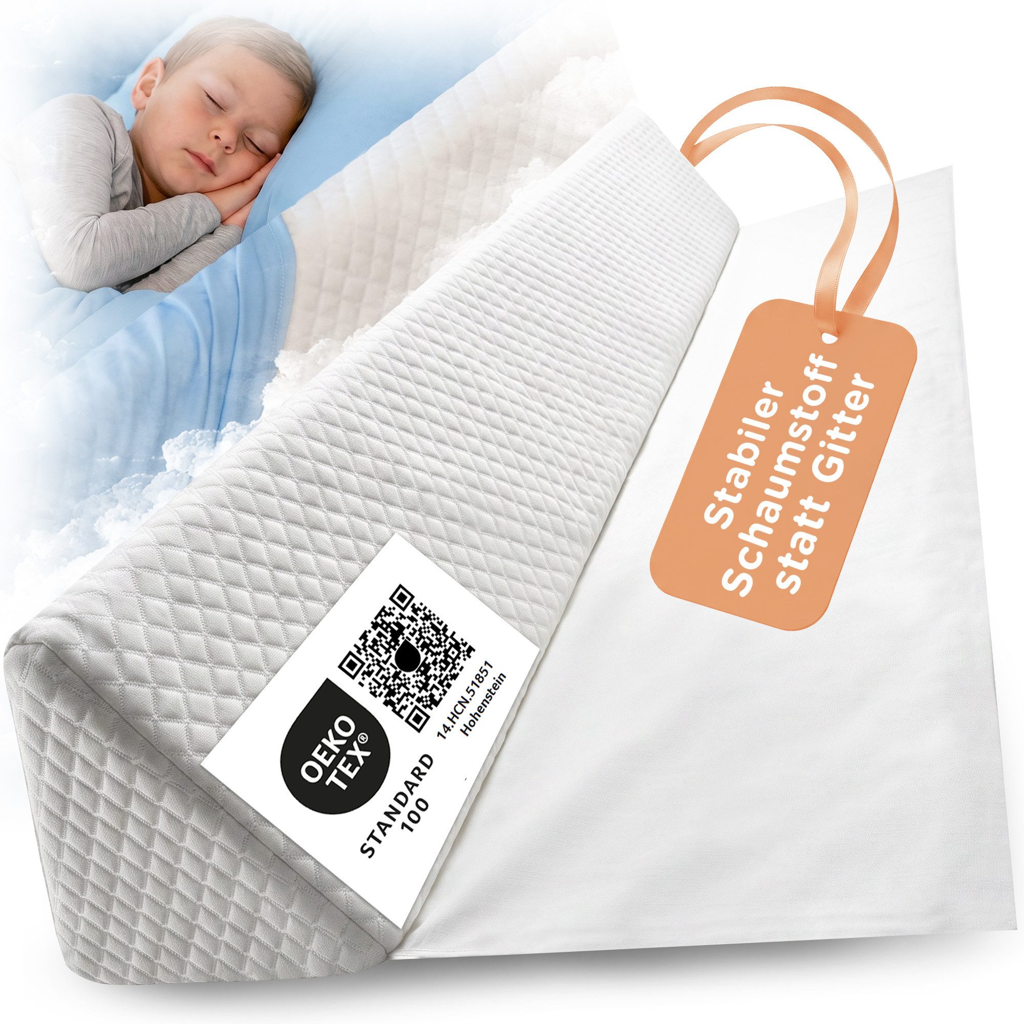 Lunova Bettschutzgitter Rausfallschutz Bett für Kinder – Boxspringbett & Elternbett, Formstabiler Schaumstoff · ohne Montage · ohne Nachpumpen