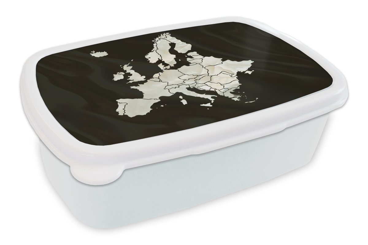 MuchoWow Lunchbox Karte - Europa - Schwarz, Kunststoff, (2-tlg), Brotbox für Kinder und Erwachsene, Brotdose, für Jungs und Mädchen weiß