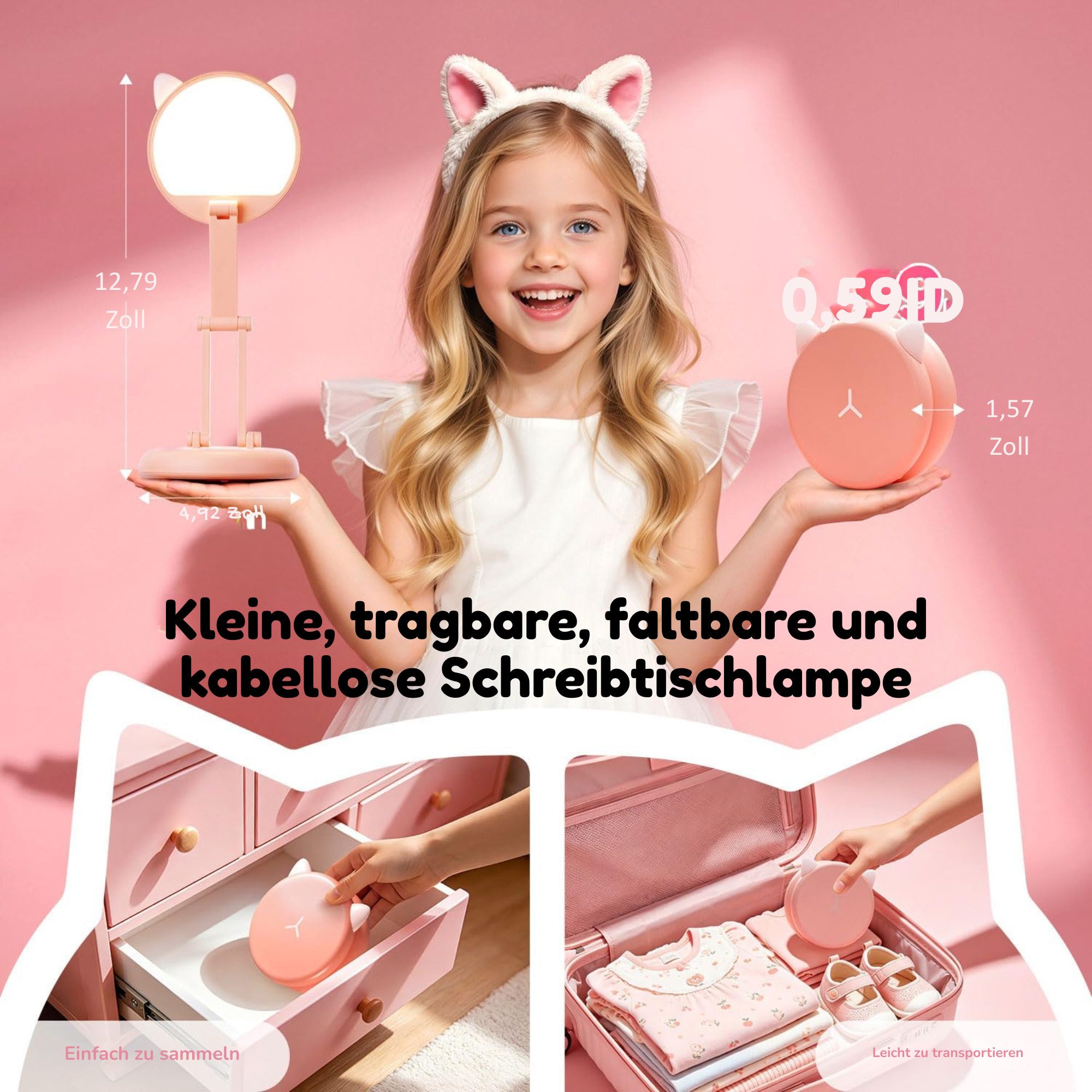 Vivitar LED Schreibtischlampe 3600-mAh Wiederaufladbare, 3600-mAh Tischlampe, klappbar, 300 Lumen, 4000 K natürliches Licht, Tageslichtweiß, 10 Helligkeitsstufen, Touch-Dimmer, Speicherfunktion, augenschonendem