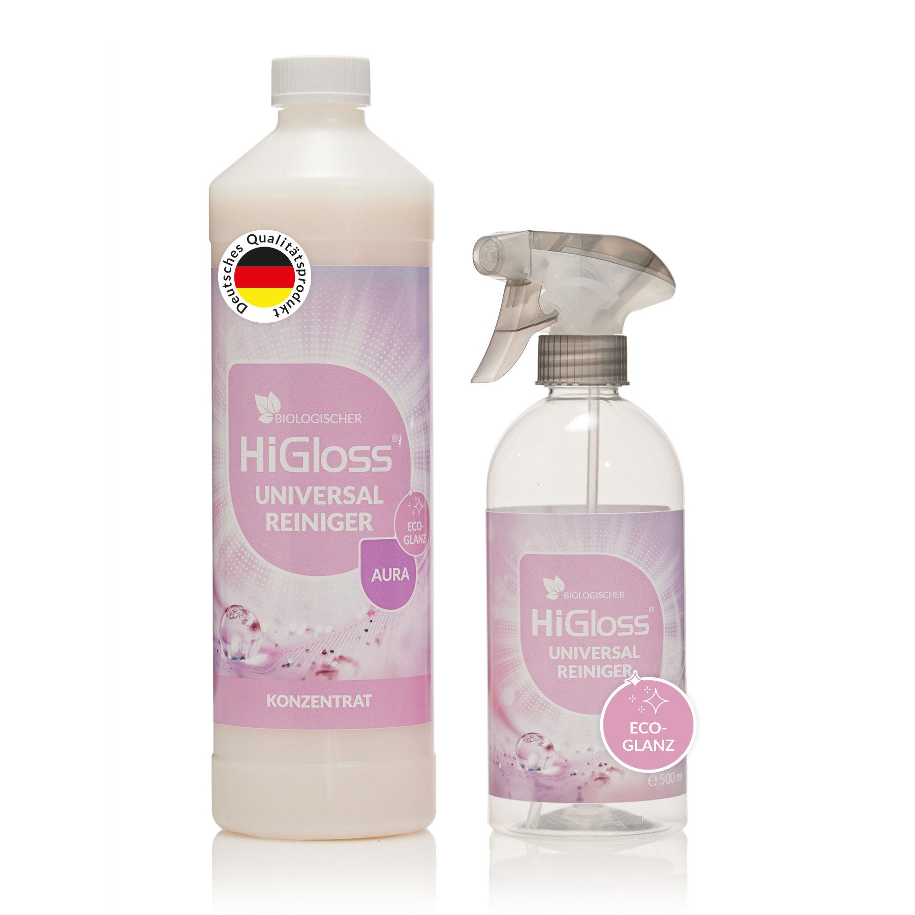 HiGloss Biologischer Universalreiniger EcoGlanz Entkalker (1-St. 1000ml, 1 Leerflasche & Sprüher Mikrobenreiniger, hochkonzentriert, umweltfreundlich & vegan)